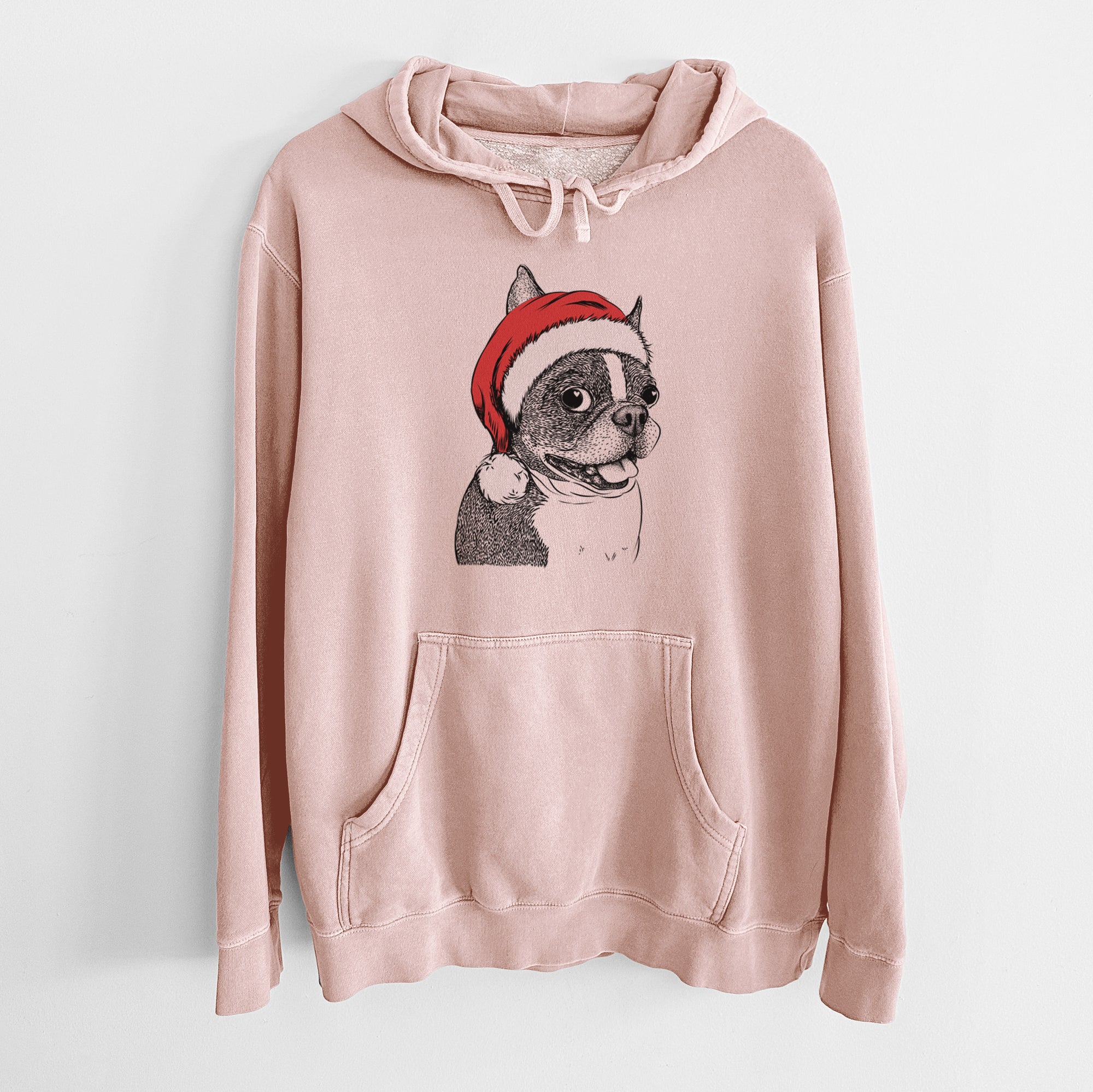 Santa Hat Ralphie the Boston Terrier - Unisex Pigment Dyed Hoodie