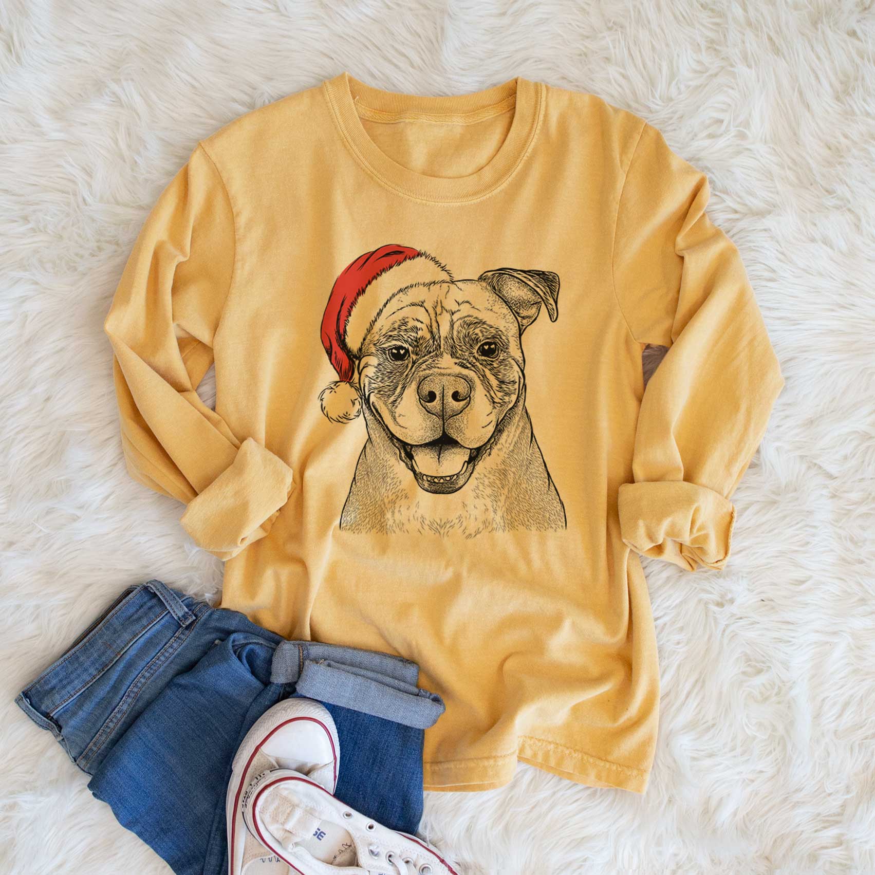 Santa Rufus the American Bulldog - Men's Heavyweight 100% Cotton Long Sleeve