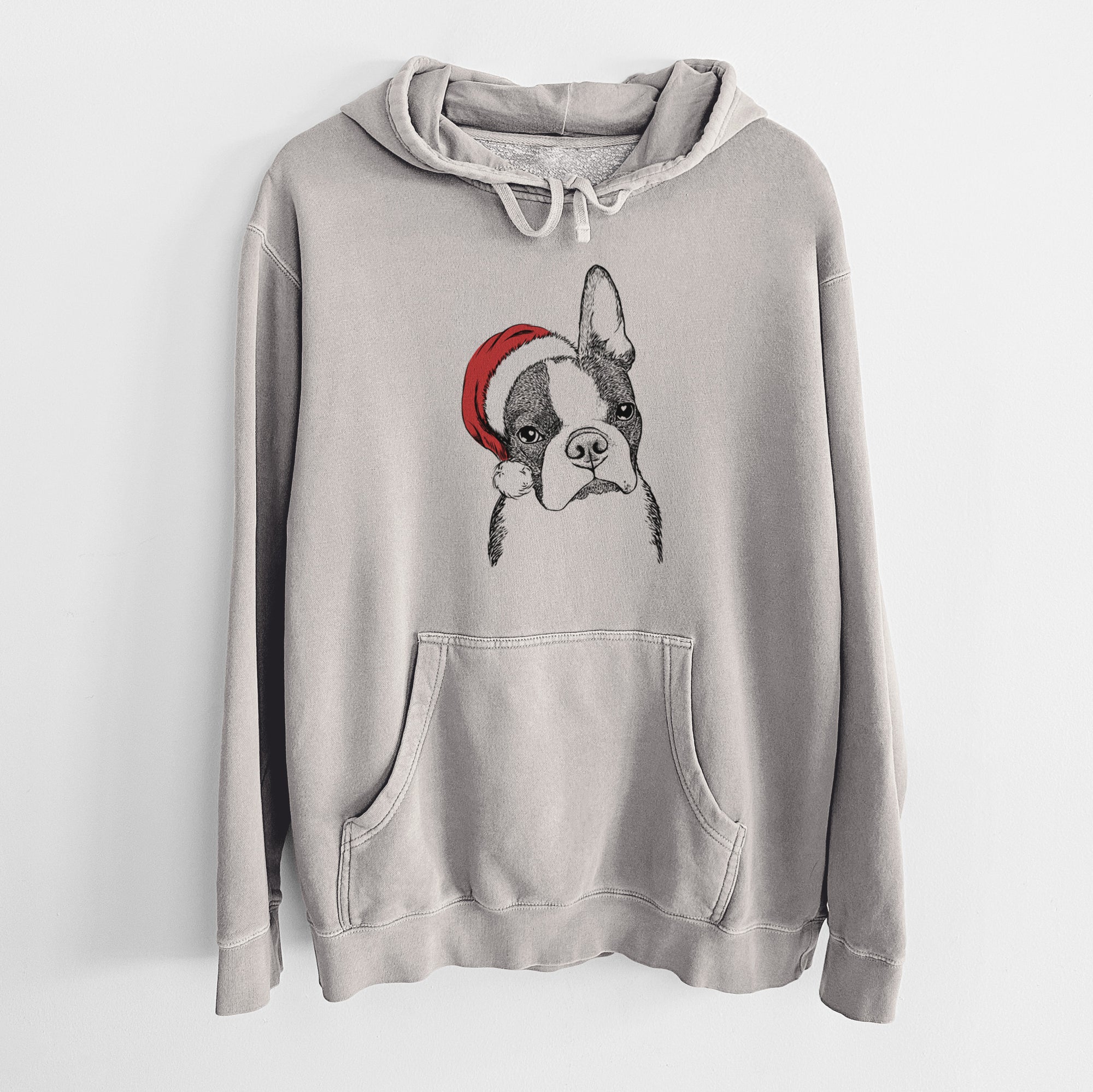 Santa Hat Samuel the Boston Terrier - Unisex Pigment Dyed Hoodie