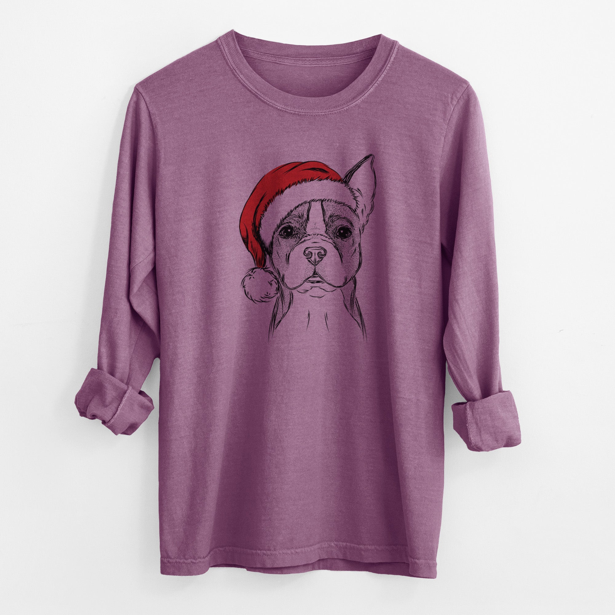 Santa Scout the Boston Terrier - Men's Heavyweight 100% Cotton Long Sleeve