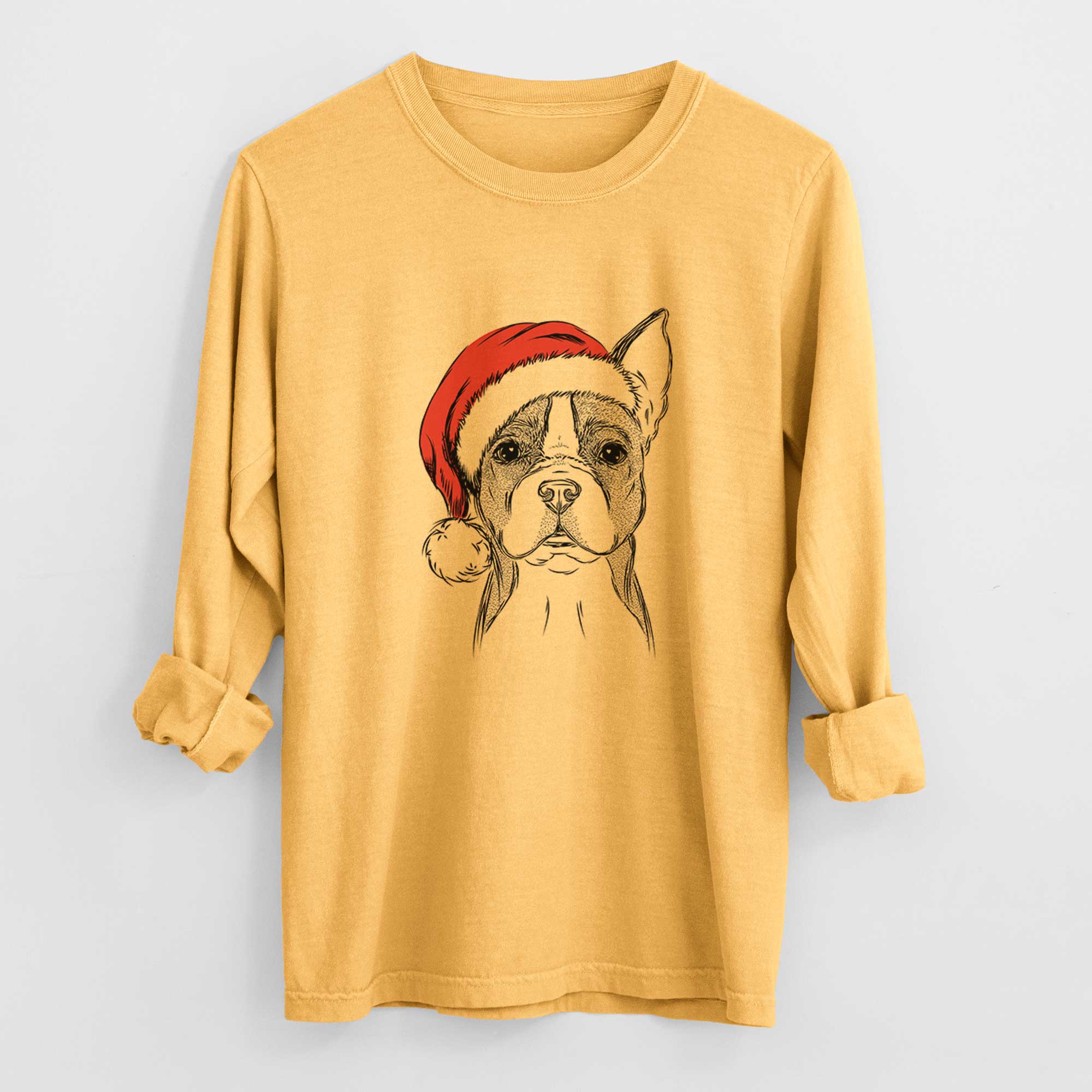 Santa Scout the Boston Terrier - Men's Heavyweight 100% Cotton Long Sleeve