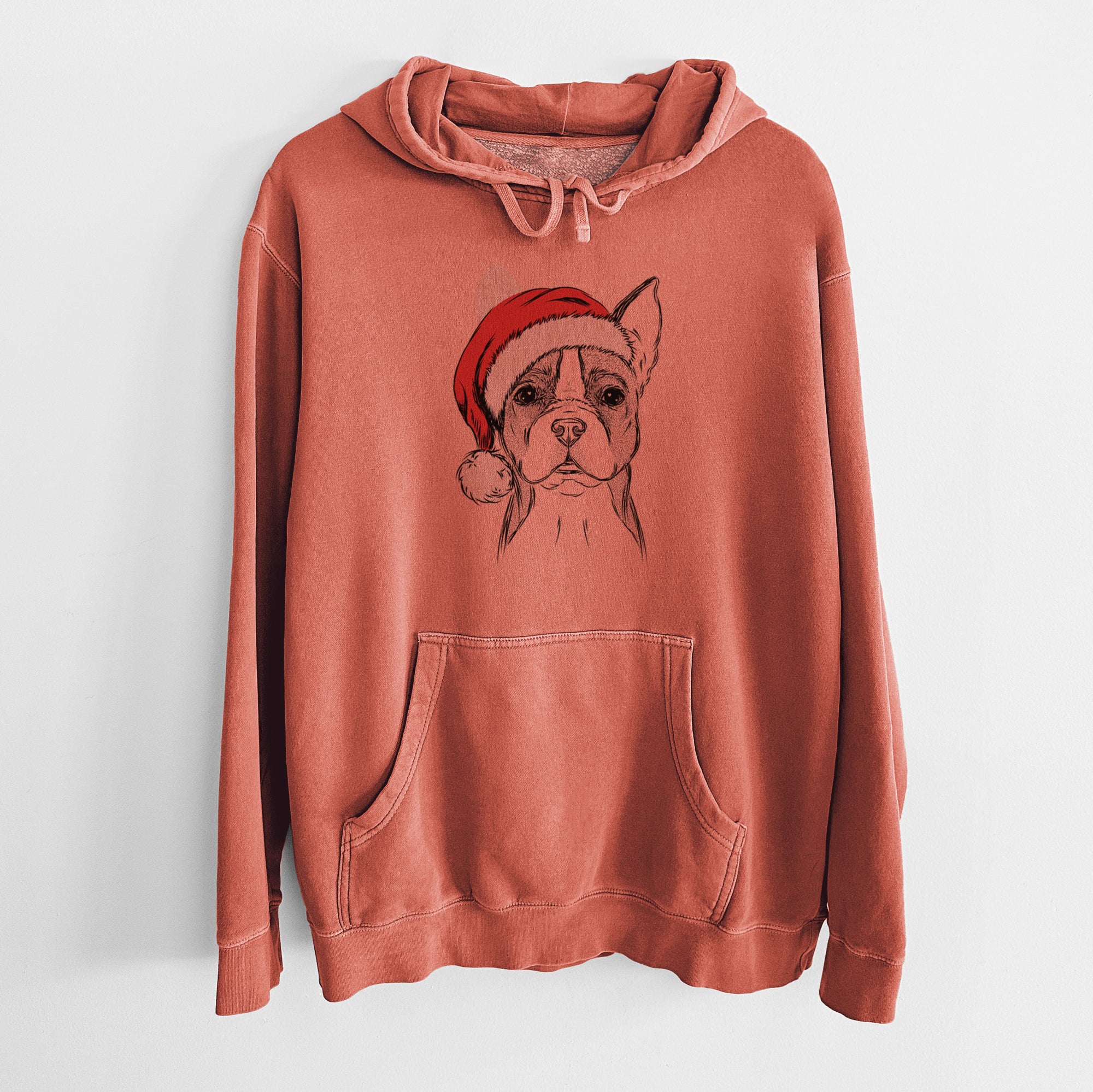 Santa Hat Scout the Boston Terrier - Unisex Pigment Dyed Hoodie