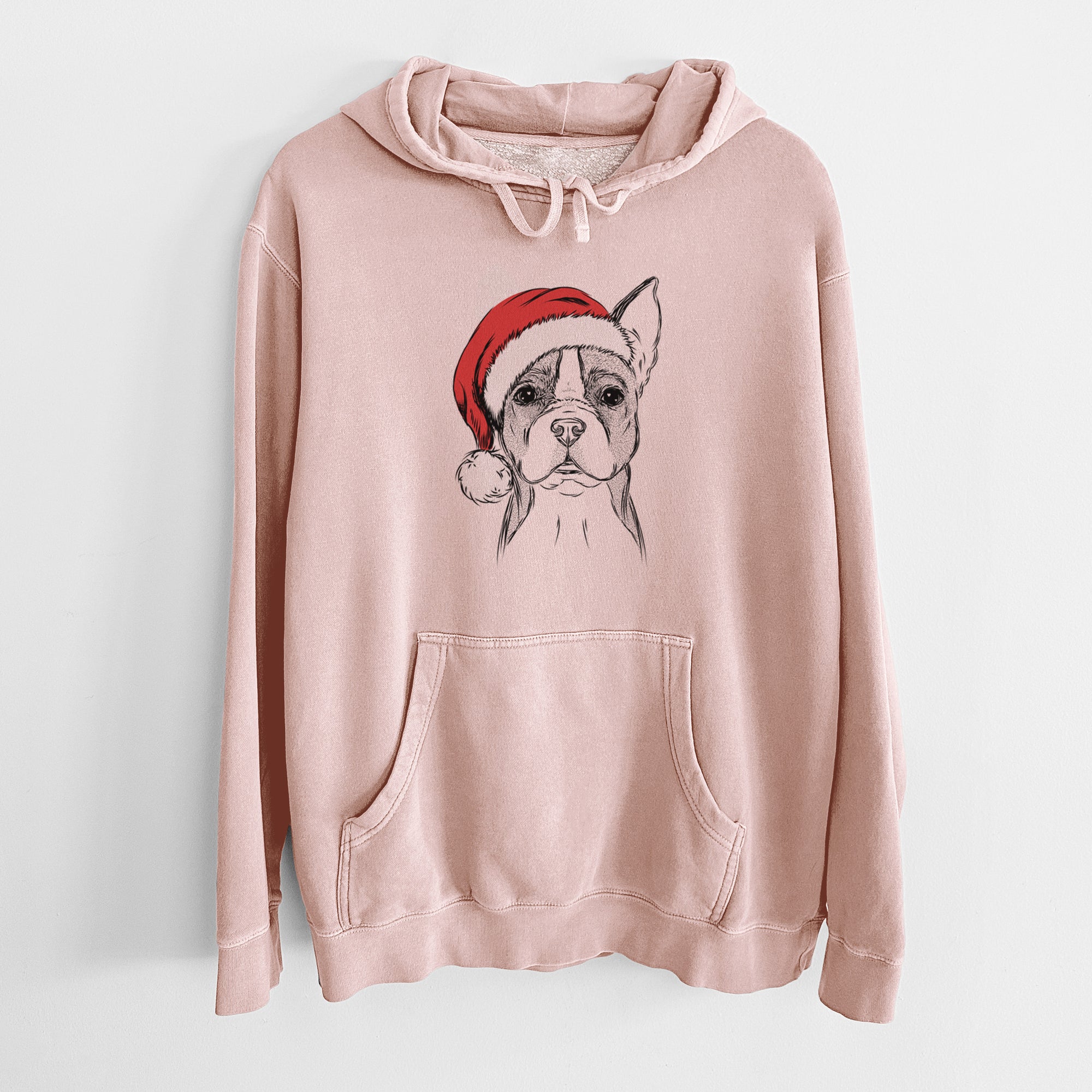 Santa Hat Scout the Boston Terrier - Unisex Pigment Dyed Hoodie