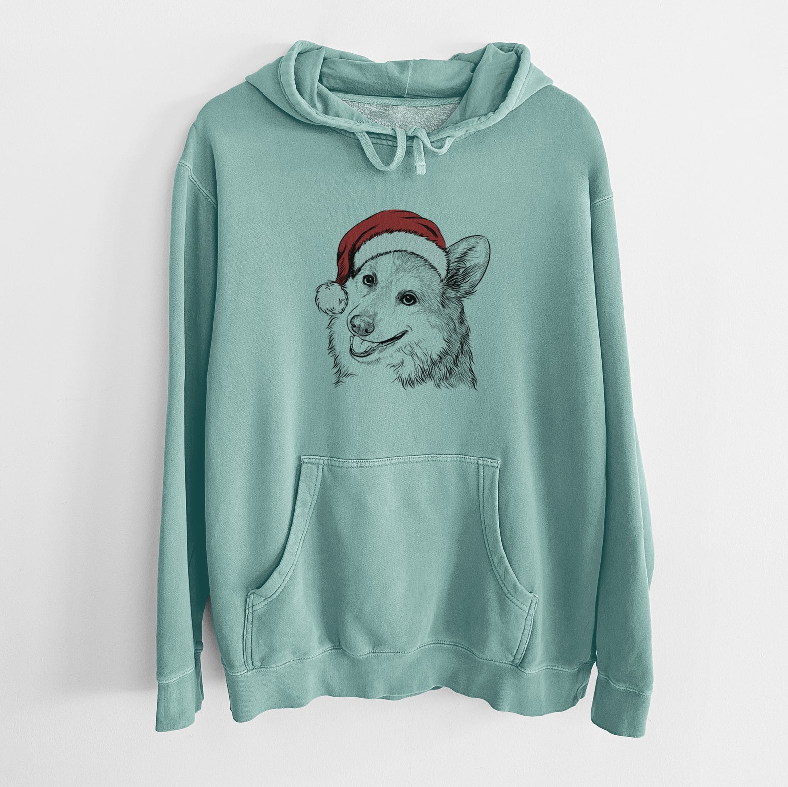 Santa Hat Scout the Pembroke Welsh Corgi - Unisex Pigment Dyed Hoodie