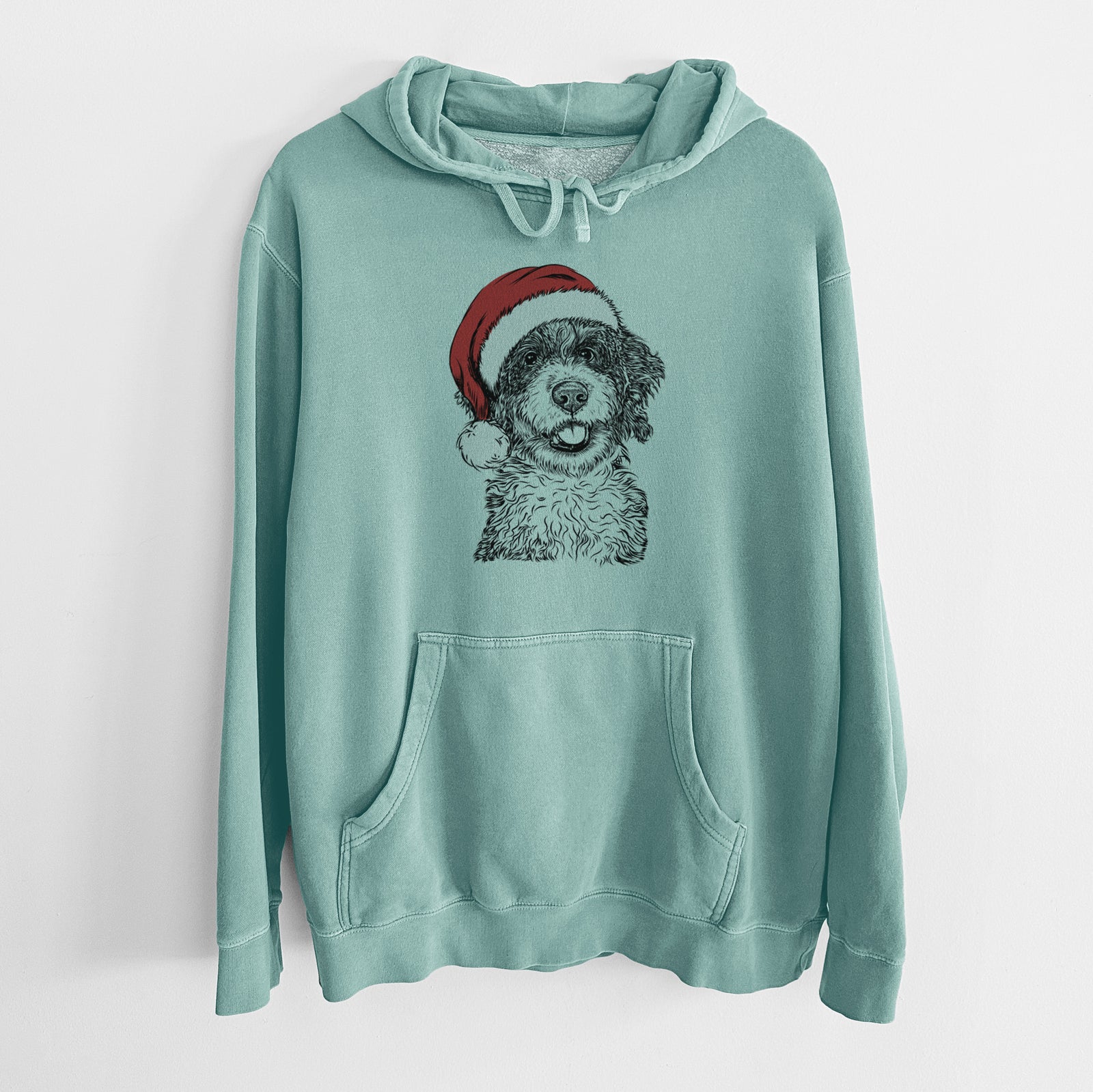 Santa Hat Smoky the Bernedoodle Puppy - Unisex Pigment Dyed Hoodie