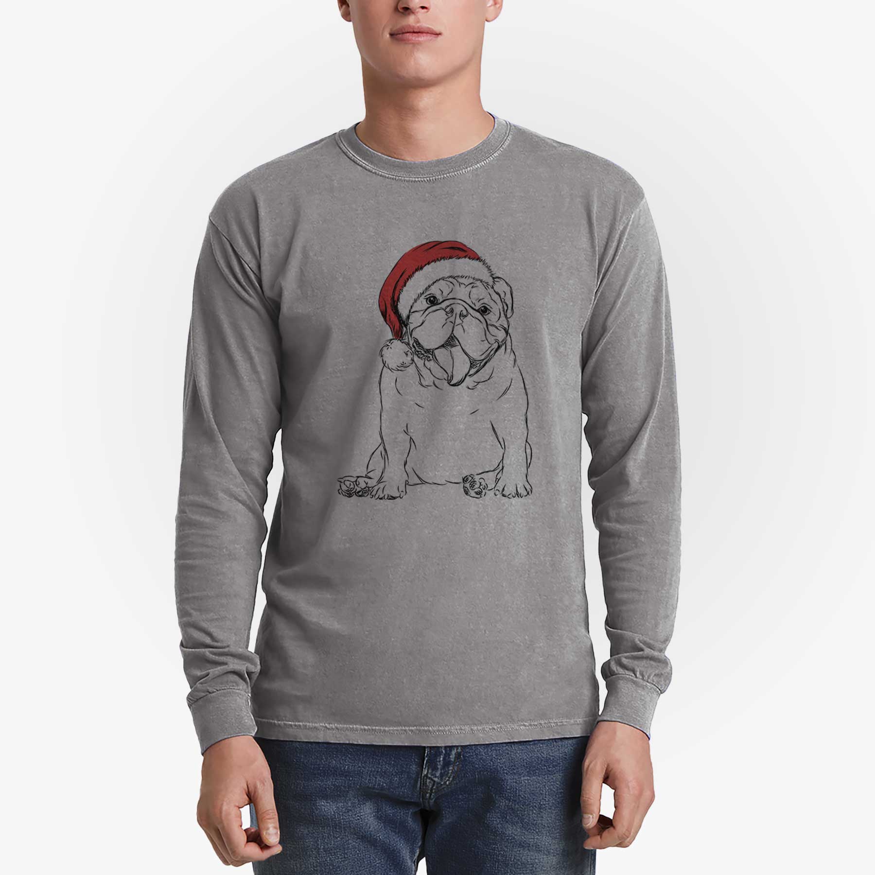 Santa Tank the English Bulldog - Men's Heavyweight 100% Cotton Long Sleeve