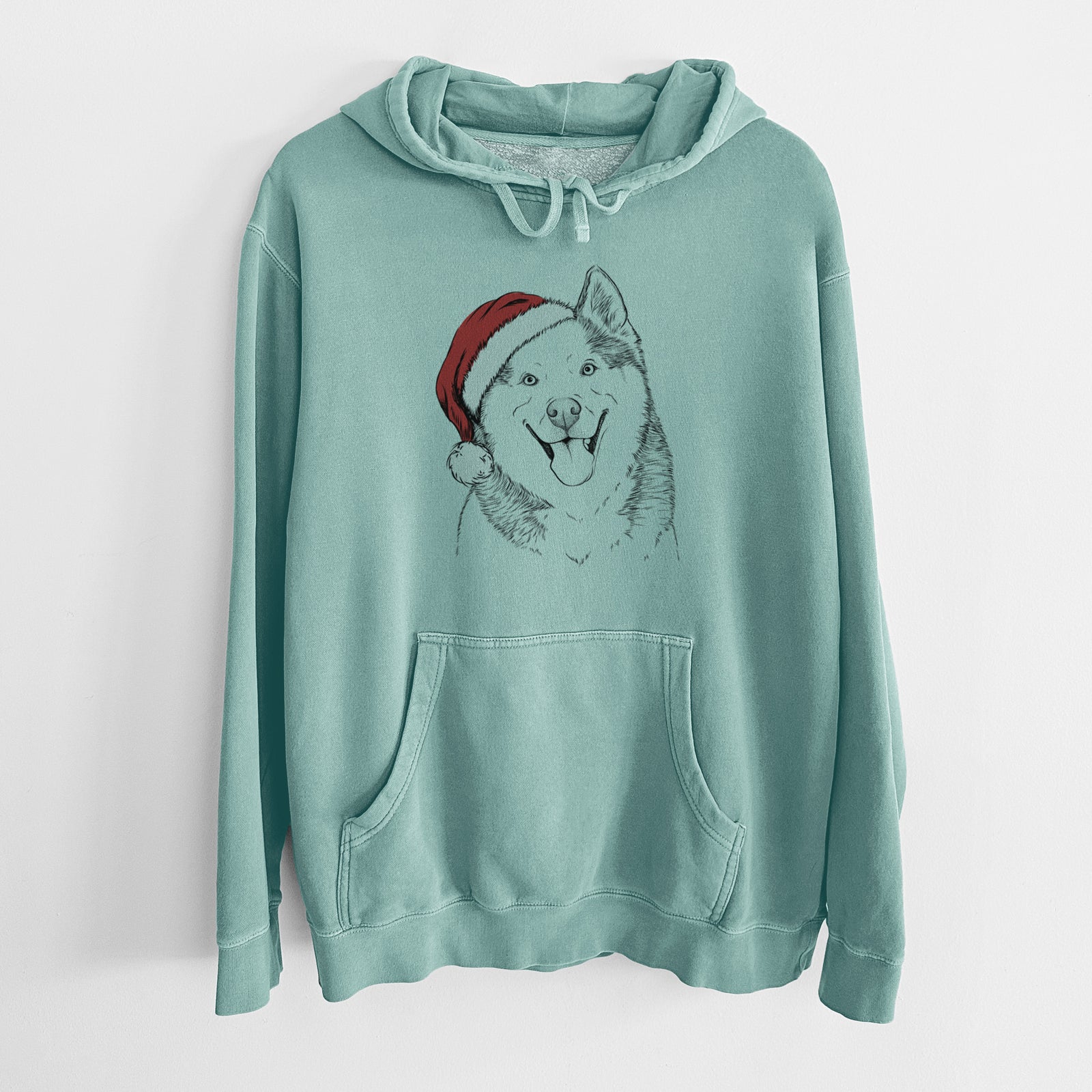 Santa Hat Teak the Siberian Husky - Unisex Pigment Dyed Hoodie