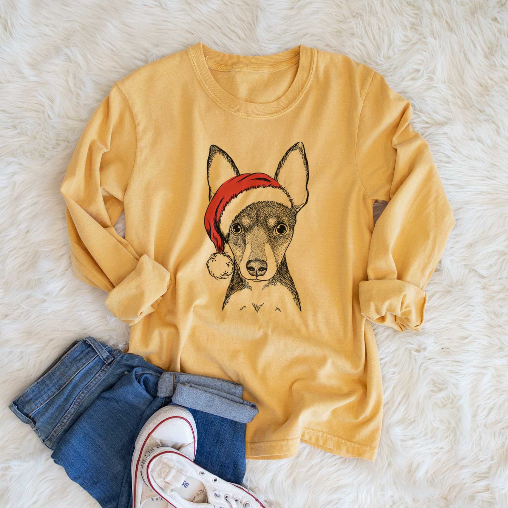 Santa Tiny the Toy Fox Terrier - Men's Heavyweight 100% Cotton Long Sleeve