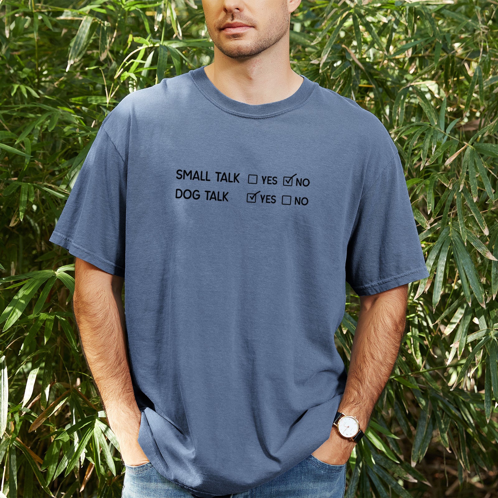 Small Talk No - Dog Talk Yes - Unisex Comfort Colors Garment-Dyed Heavyweight T-shirt, worn by model