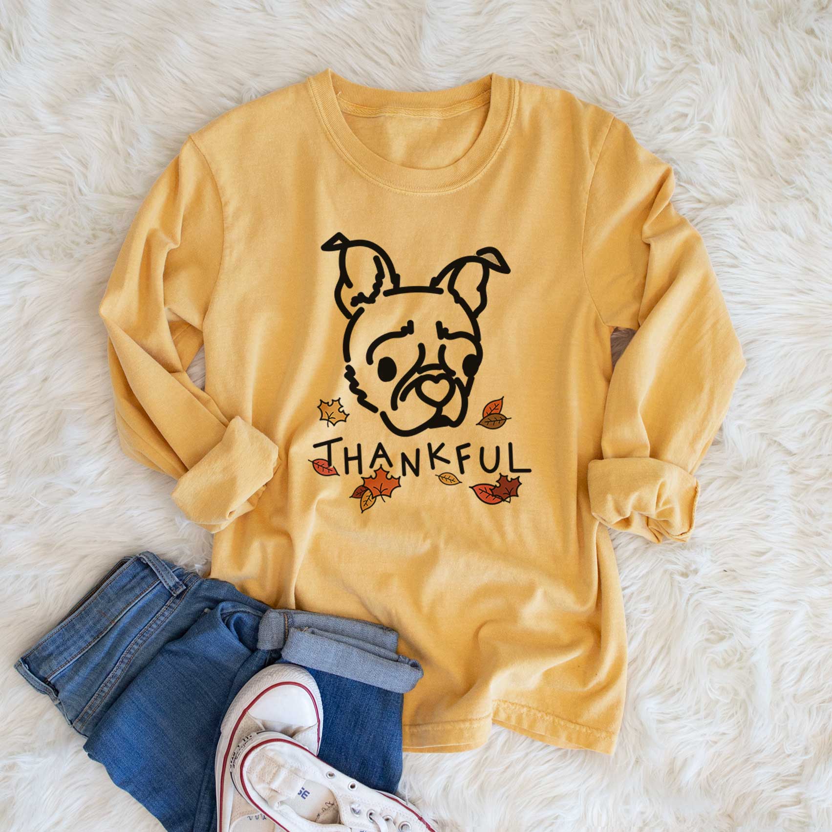 Thankful Pug Boston Terrier Mix - Bella - Men's Heavyweight 100% Cotton Long Sleeve