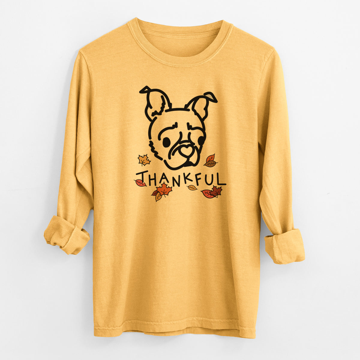 Thankful Pug Boston Terrier Mix - Bella - Men's Heavyweight 100% Cotton Long Sleeve