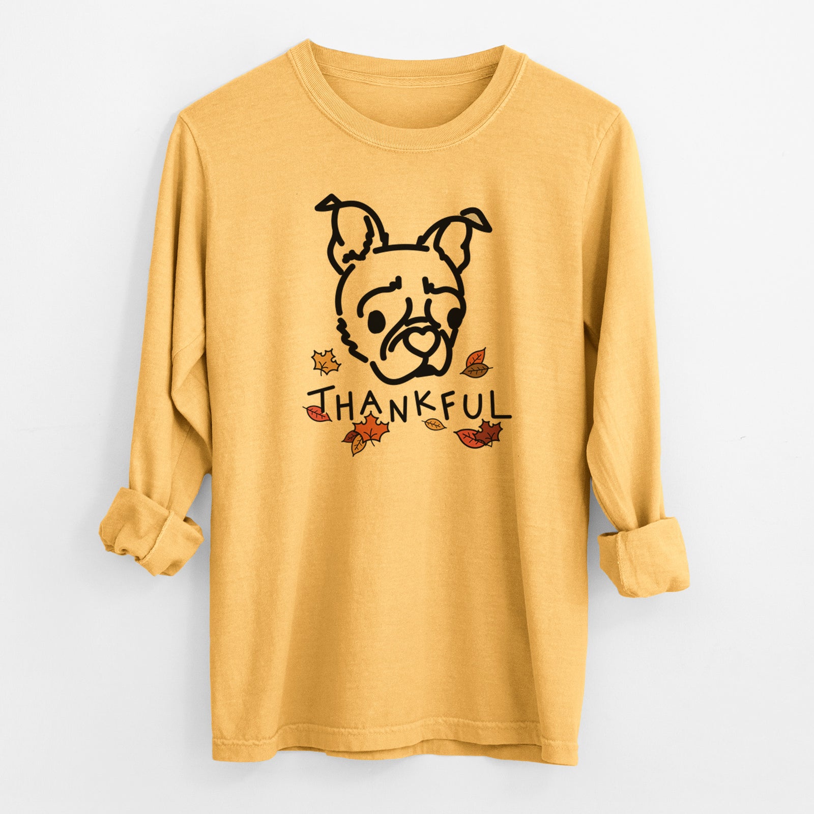 Thankful Pug Boston Terrier Mix - Bella - Men's Heavyweight 100% Cotton Long Sleeve