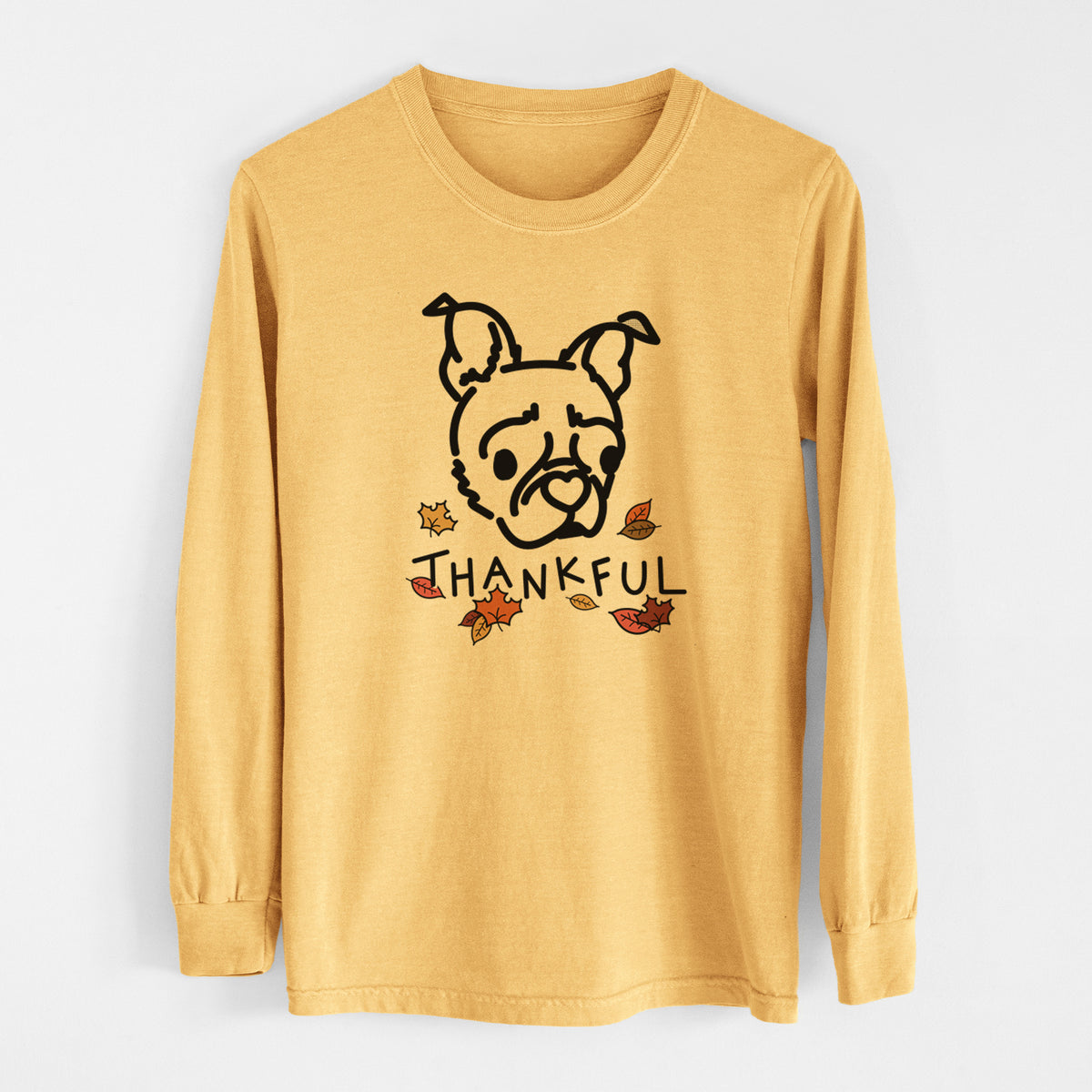 Thankful Pug Boston Terrier Mix - Bella - Men&#39;s Heavyweight 100% Cotton Long Sleeve