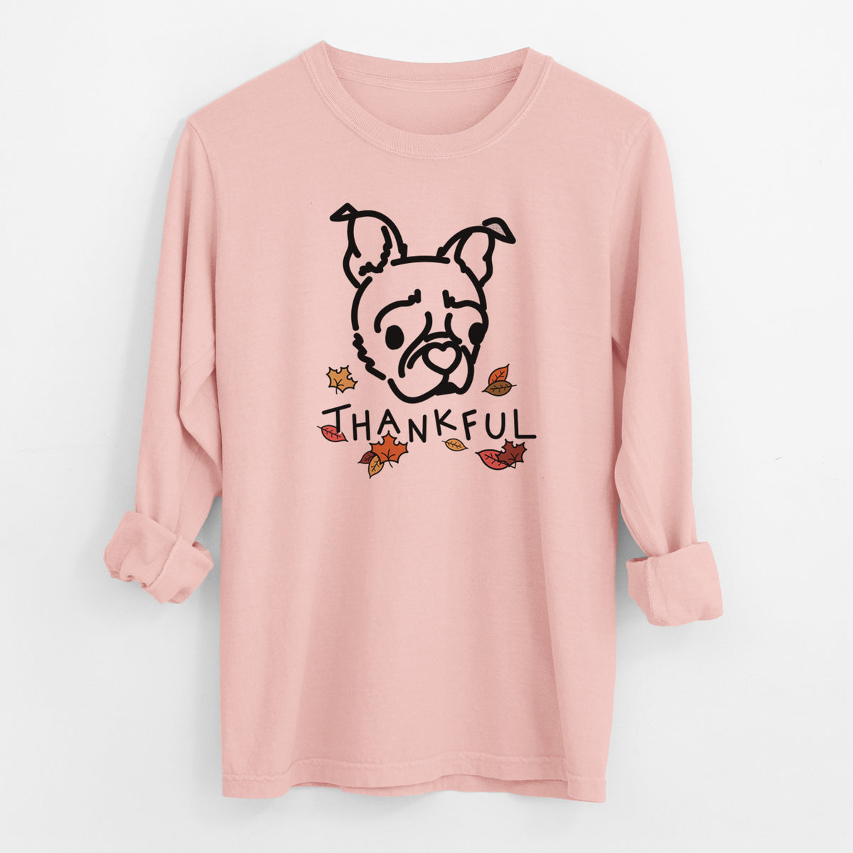 Thankful Pug Boston Terrier Mix - Bella - Men's Heavyweight 100% Cotton Long Sleeve