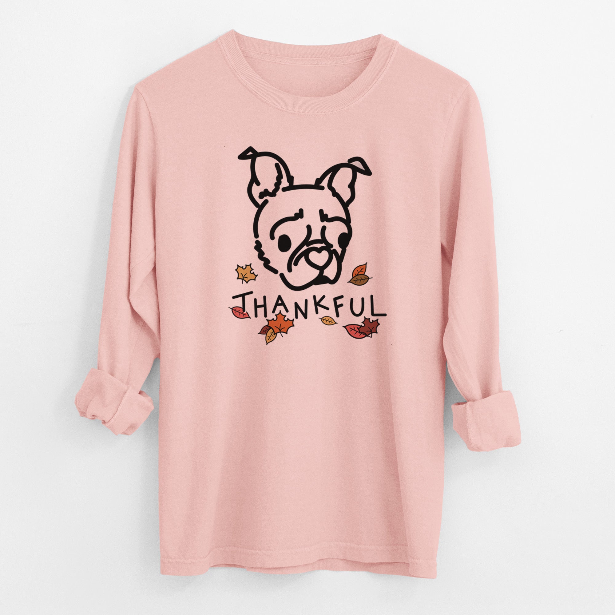 Thankful Pug Boston Terrier Mix - Bella - Men's Heavyweight 100% Cotton Long Sleeve