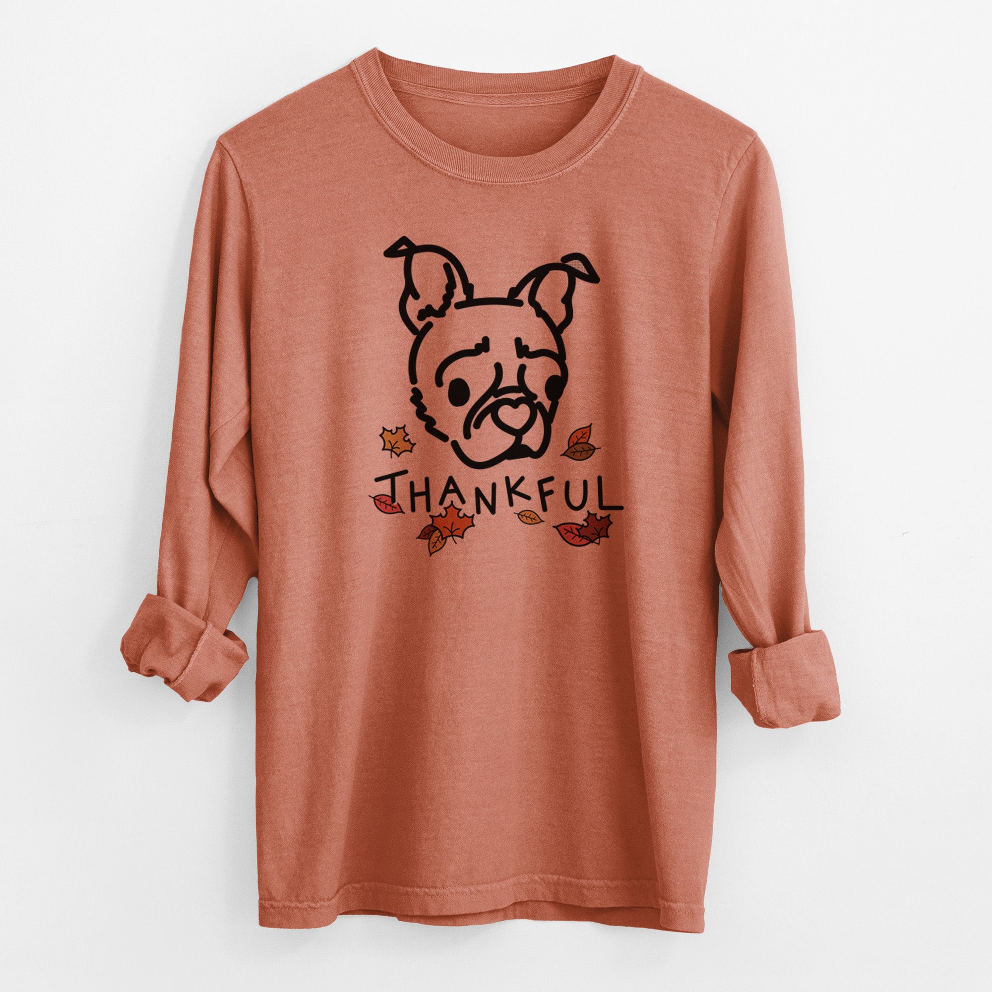 Thankful Pug Boston Terrier Mix - Bella - Men's Heavyweight 100% Cotton Long Sleeve