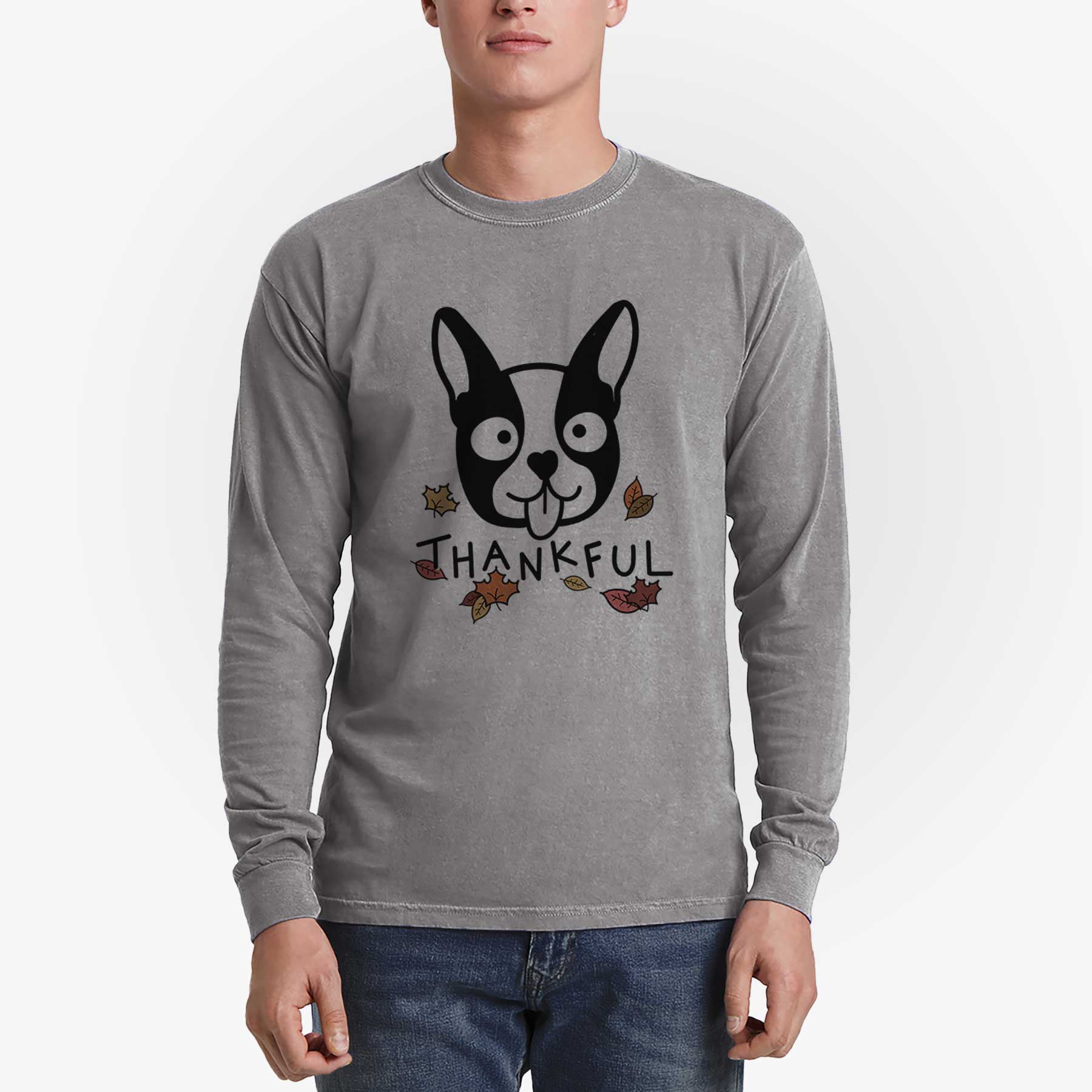 Thankful Boston Terrier - Men's Heavyweight 100% Cotton Long Sleeve