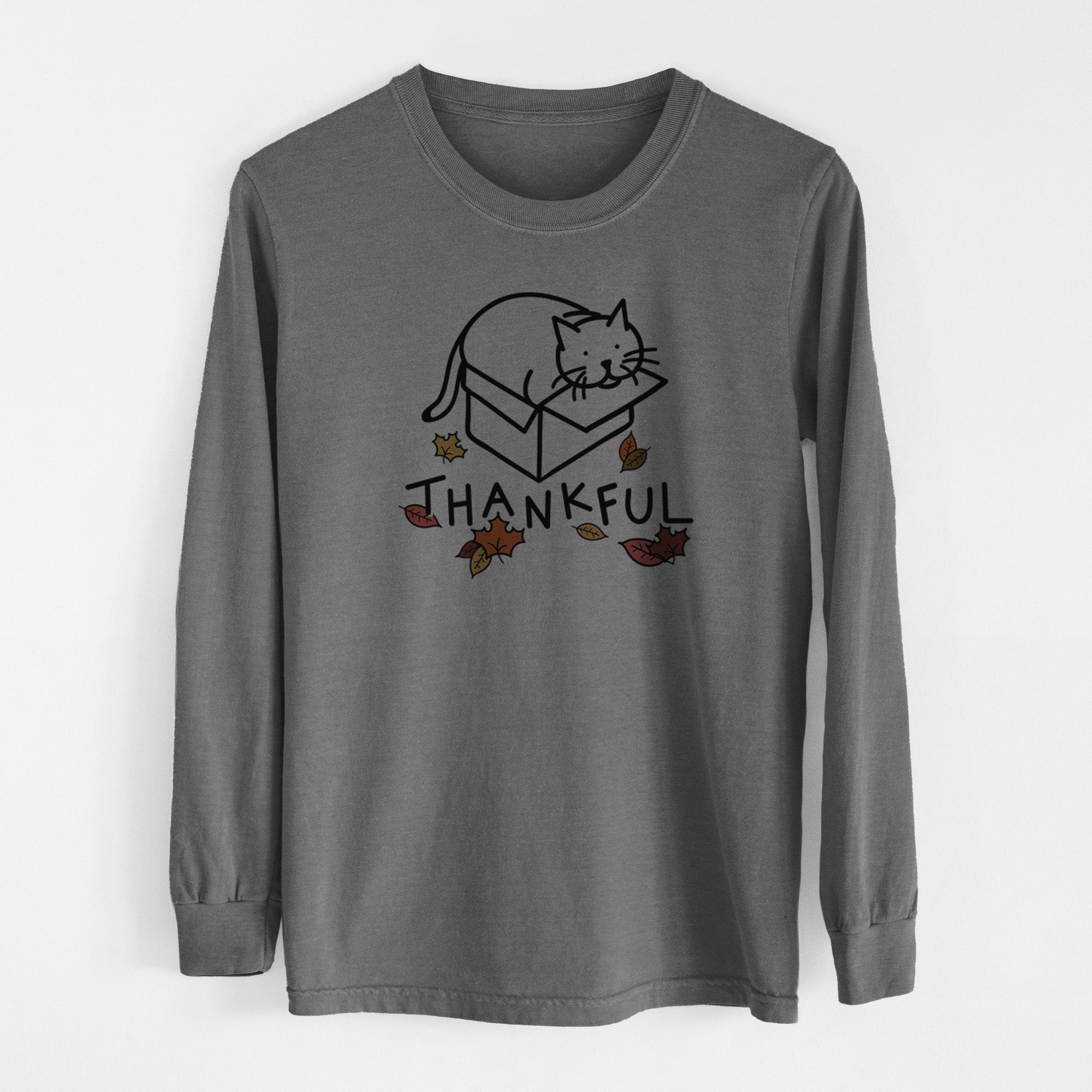 Thankful Cat in a Box - Charlie - Men's Heavyweight 100% Cotton Long Sleeve