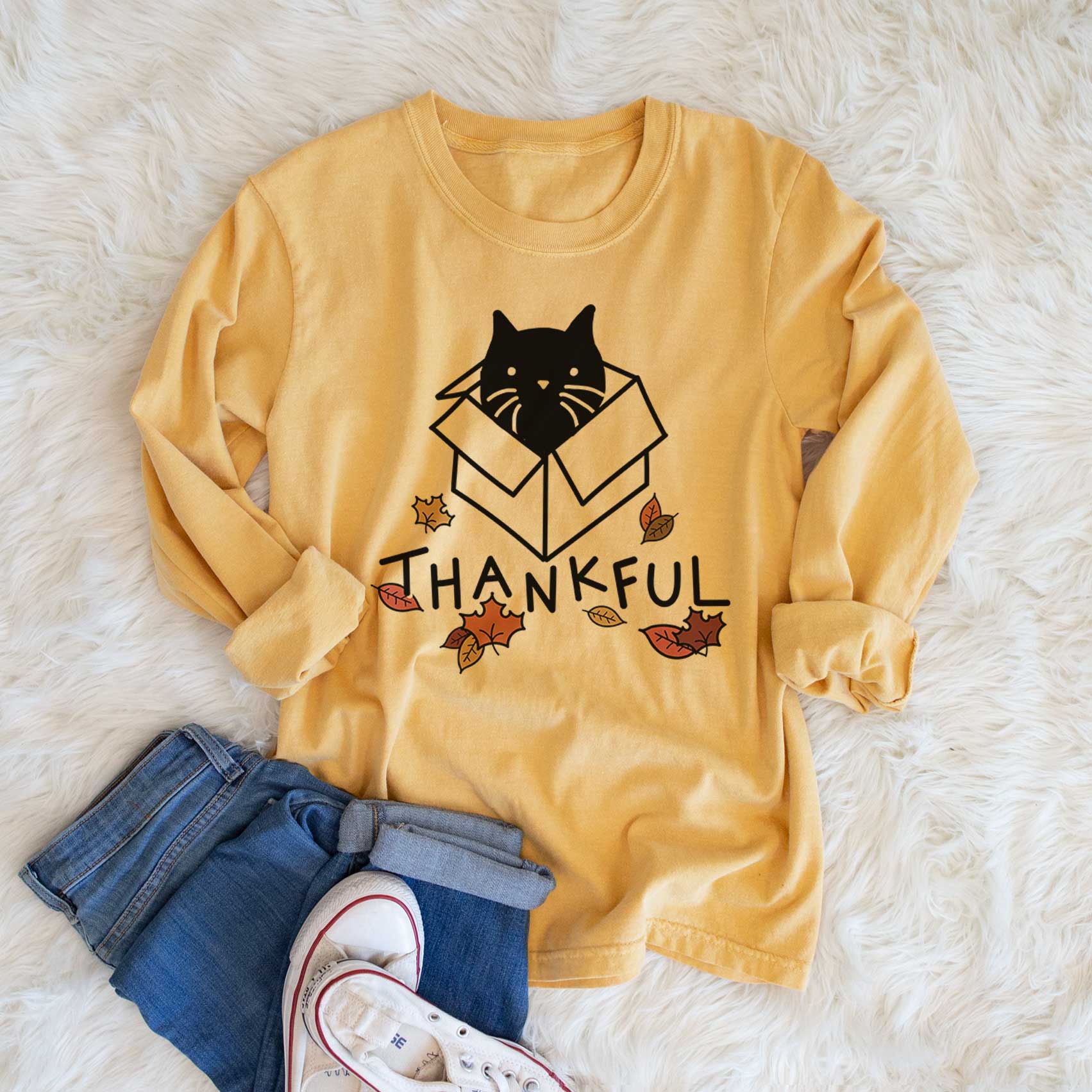 Thankful Black Cat in a Box - Doc - Men's Heavyweight 100% Cotton Long Sleeve