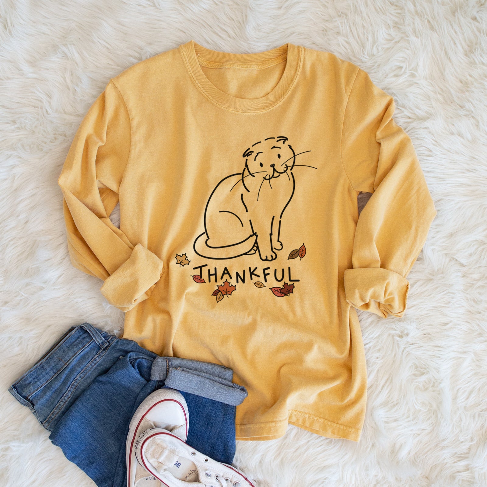 Thankful Scottish Fold Cat - Hank - Heavyweight 100% Cotton Long Sleeve