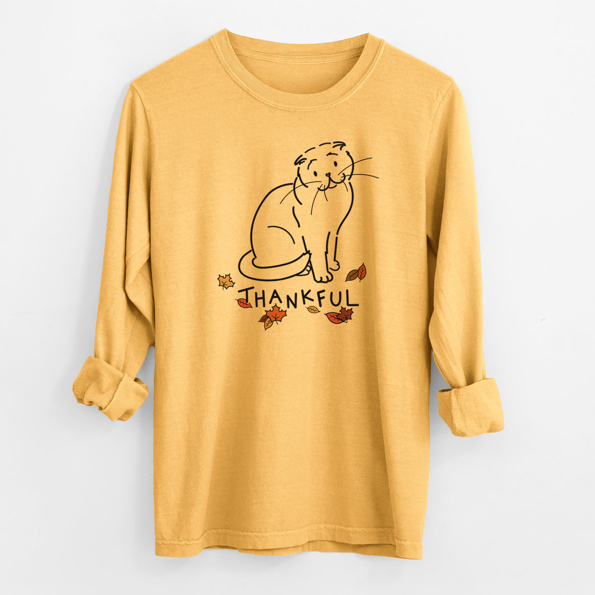 Thankful Scottish Fold Cat - Hank - Heavyweight 100% Cotton Long Sleeve