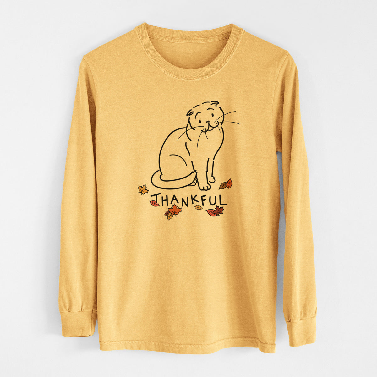 Thankful Scottish Fold Cat - Hank - Heavyweight 100% Cotton Long Sleeve