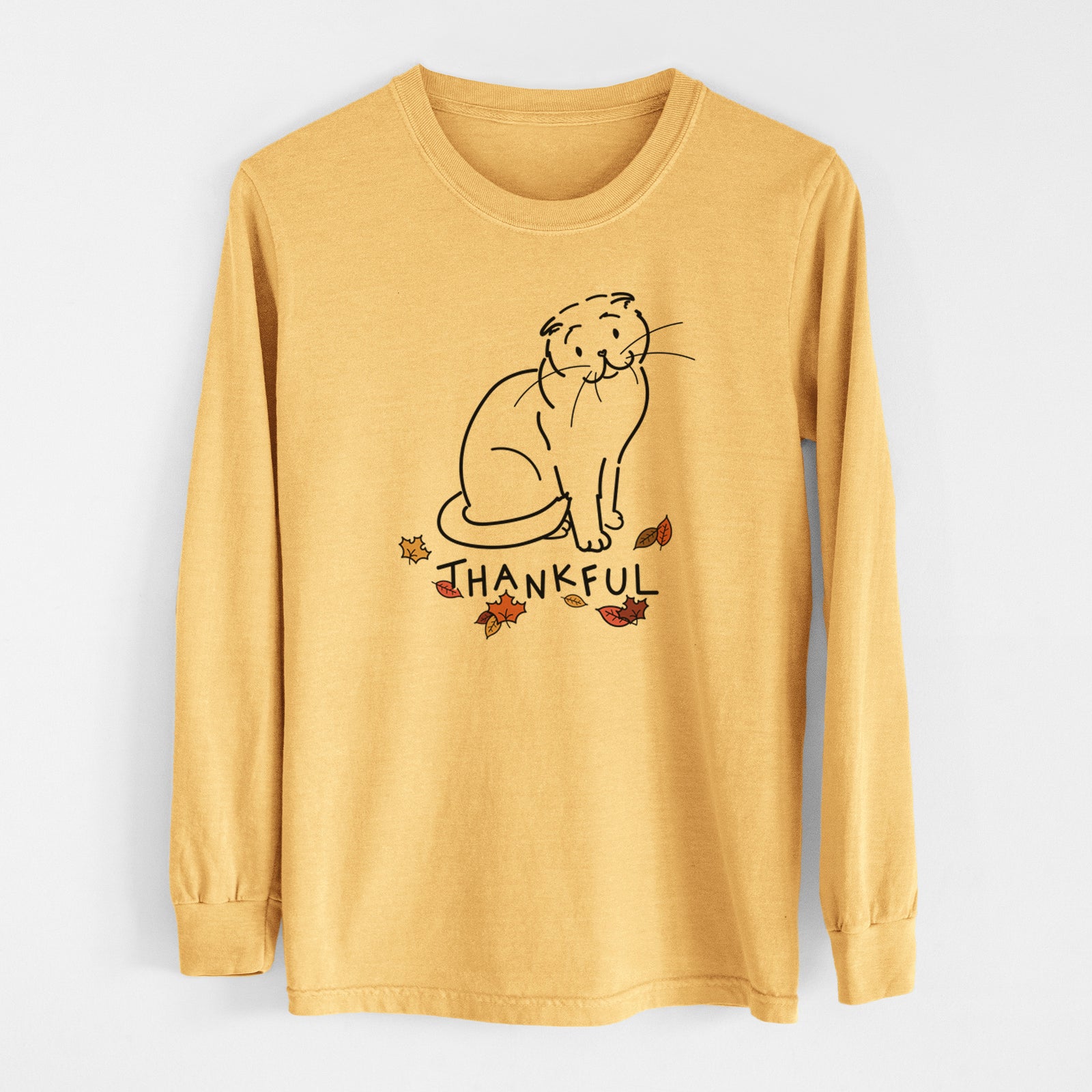 Thankful Scottish Fold Cat - Hank - Heavyweight 100% Cotton Long Sleeve