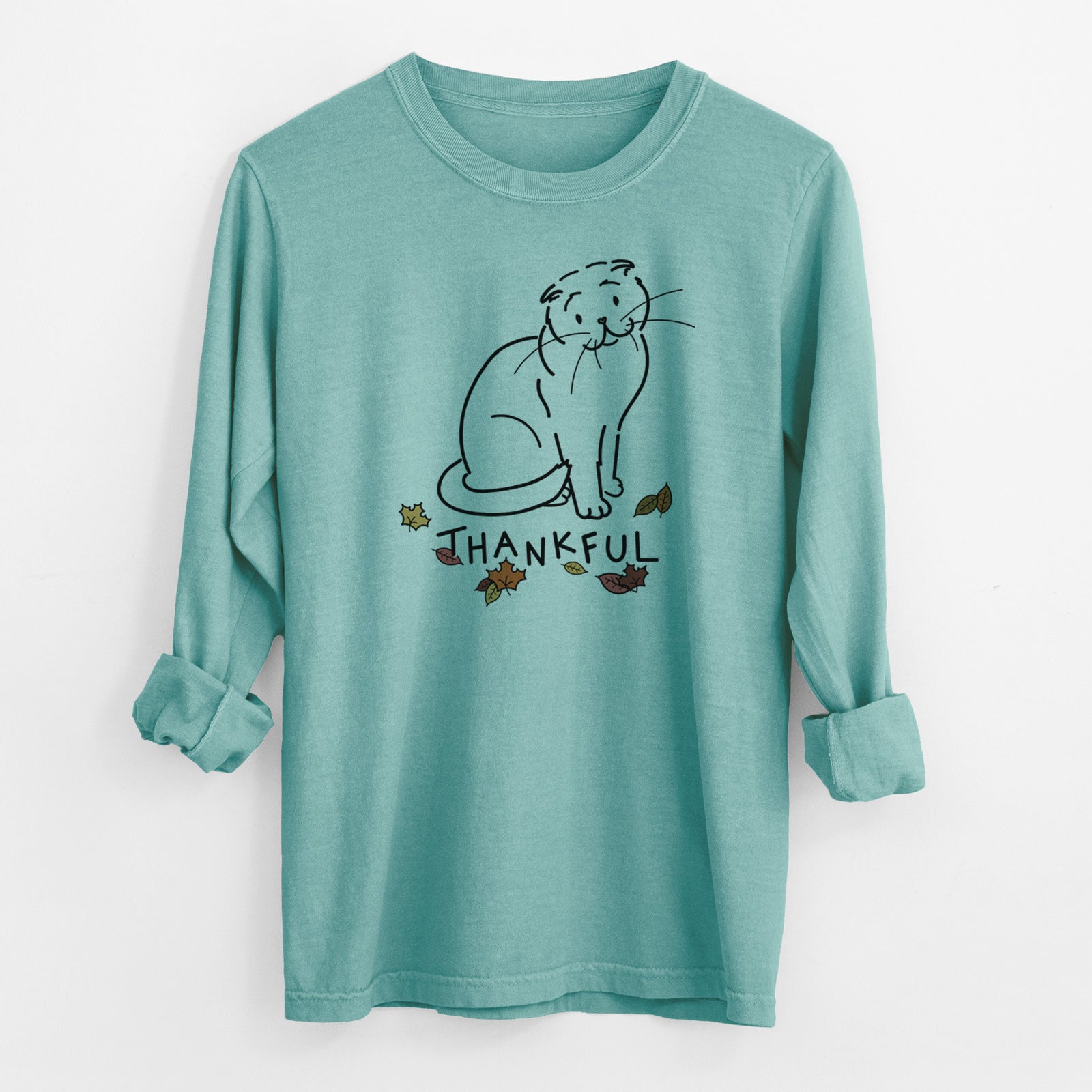 Thankful Scottish Fold Cat - Hank - Heavyweight 100% Cotton Long Sleeve