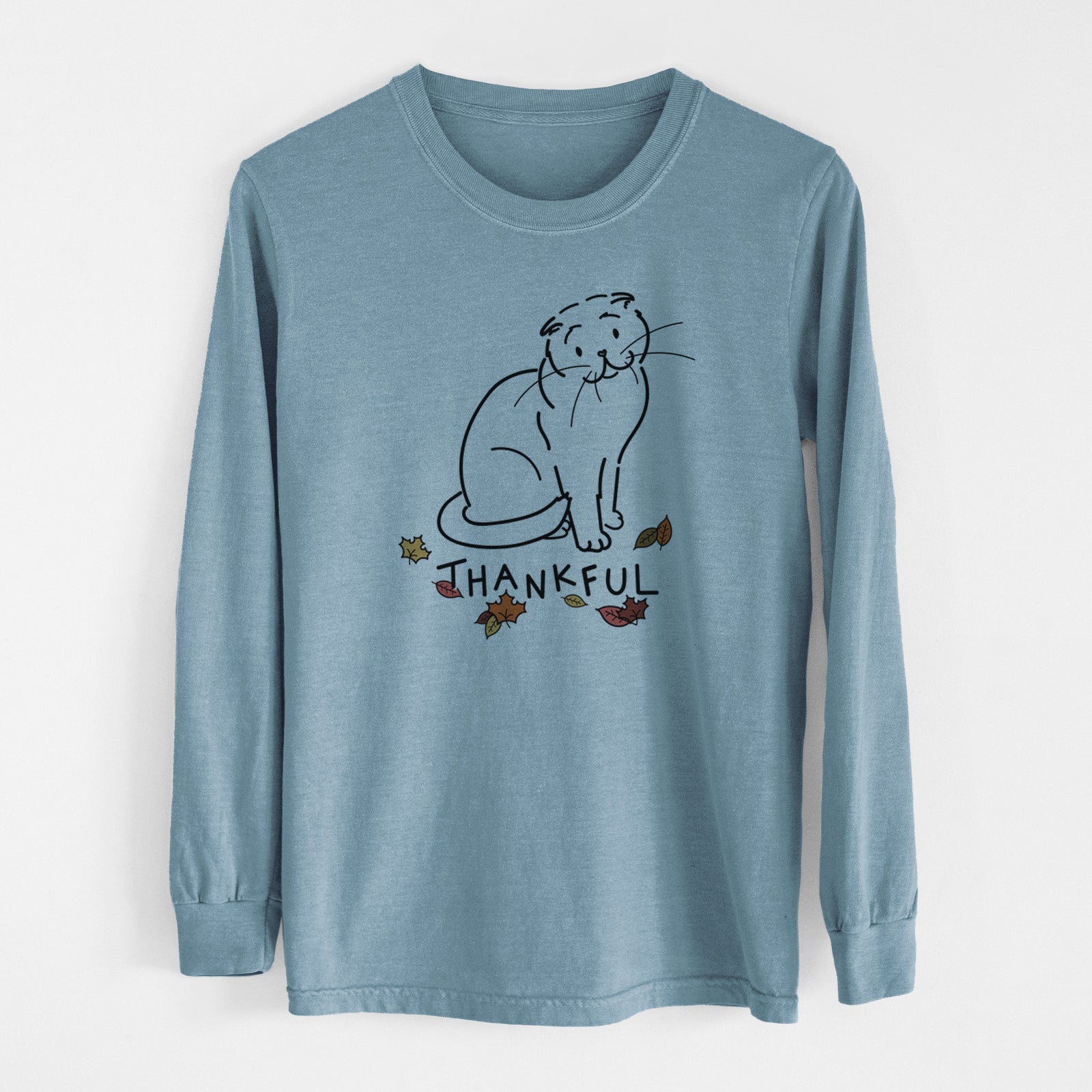 Thankful Scottish Fold Cat - Hank - Heavyweight 100% Cotton Long Sleeve