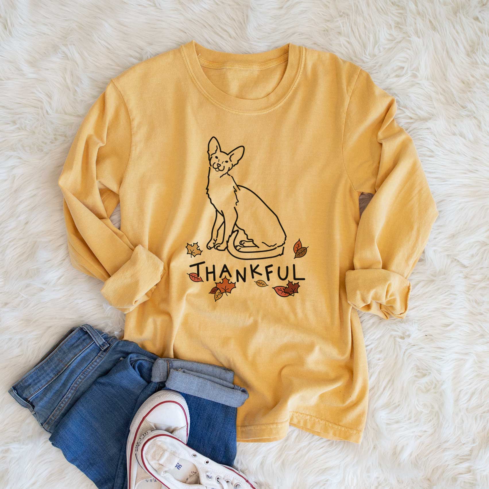 Thankful Oriental Shorthair Cat - Lyra - Men's Heavyweight 100% Cotton Long Sleeve