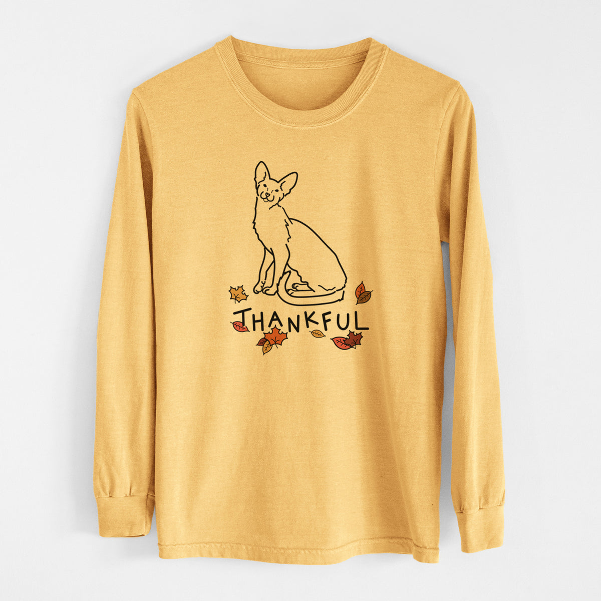 Thankful Oriental Shorthair Cat - Lyra - Men&#39;s Heavyweight 100% Cotton Long Sleeve