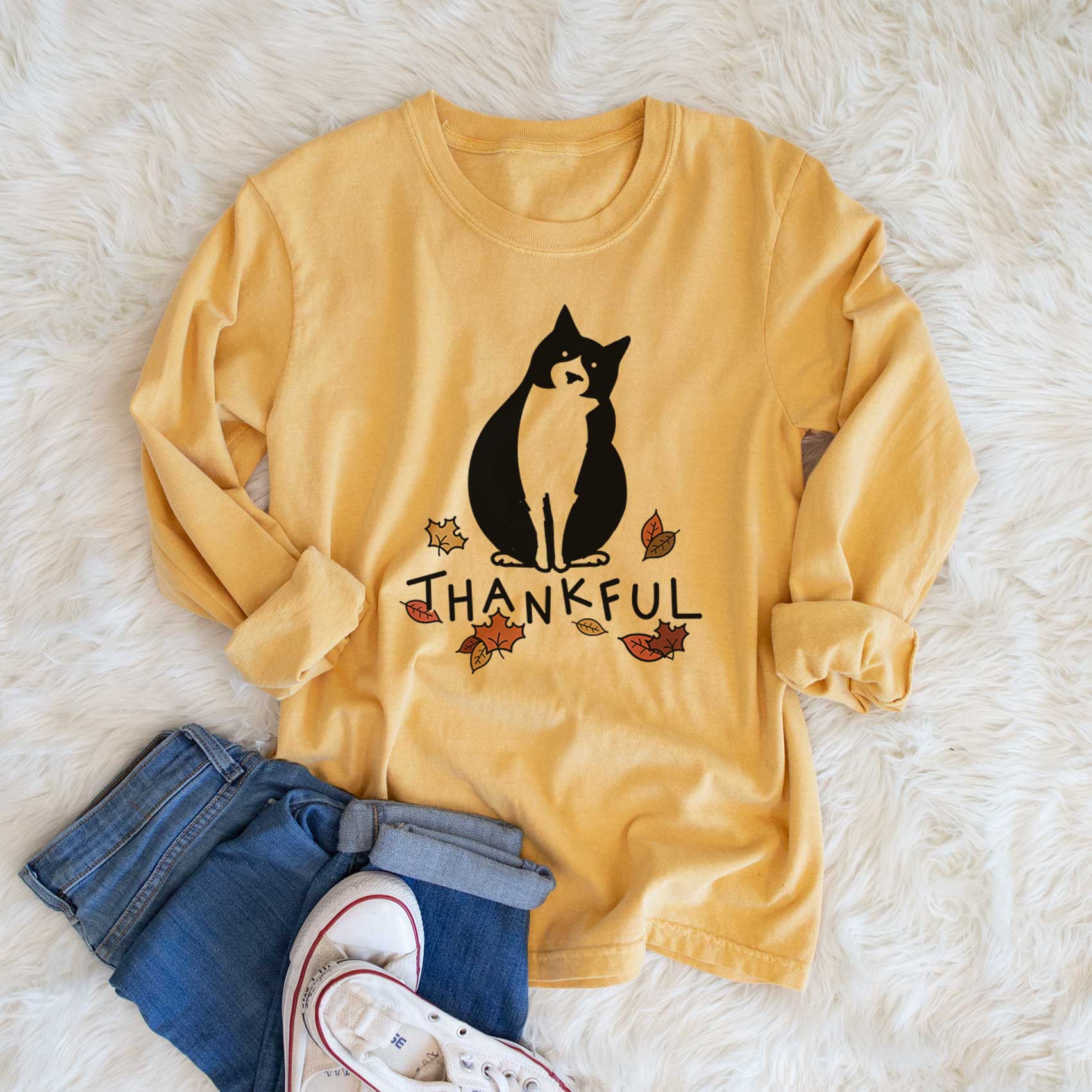 Thankful Tuxedo Cat - Oliver - Men's Heavyweight 100% Cotton Long Sleeve