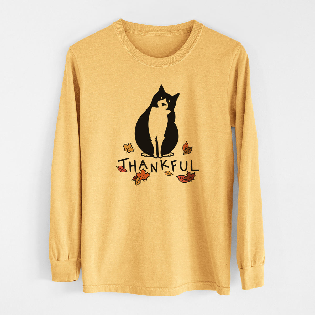 Thankful Tuxedo Cat - Oliver - Men&#39;s Heavyweight 100% Cotton Long Sleeve