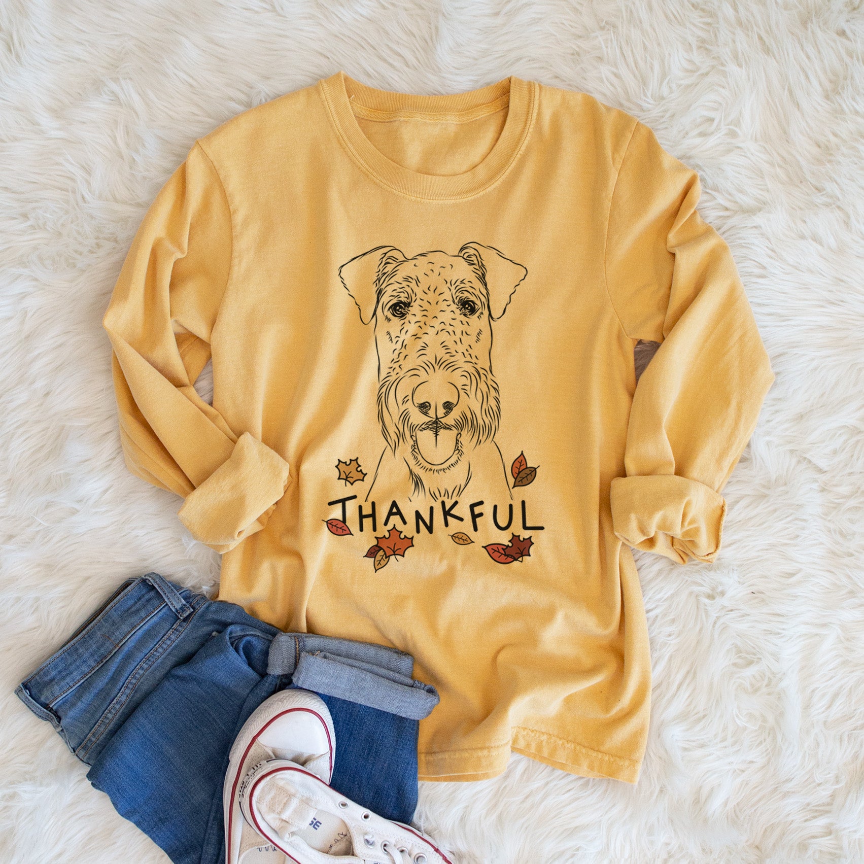 Thankful Andy the Airedale Terrier - Men's Heavyweight 100% Cotton Long Sleeve