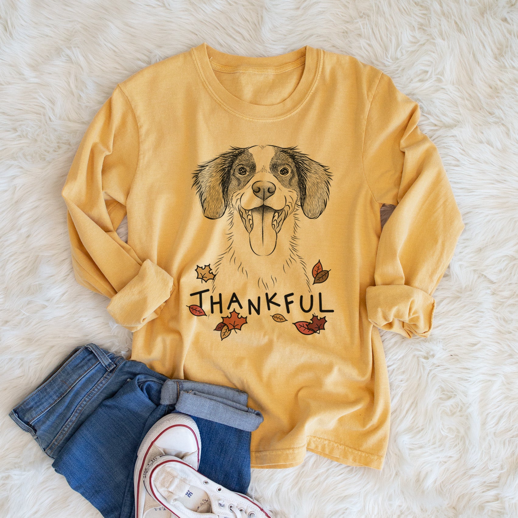 Thankful Birdie the Brittany - Men's Heavyweight 100% Cotton Long Sleeve