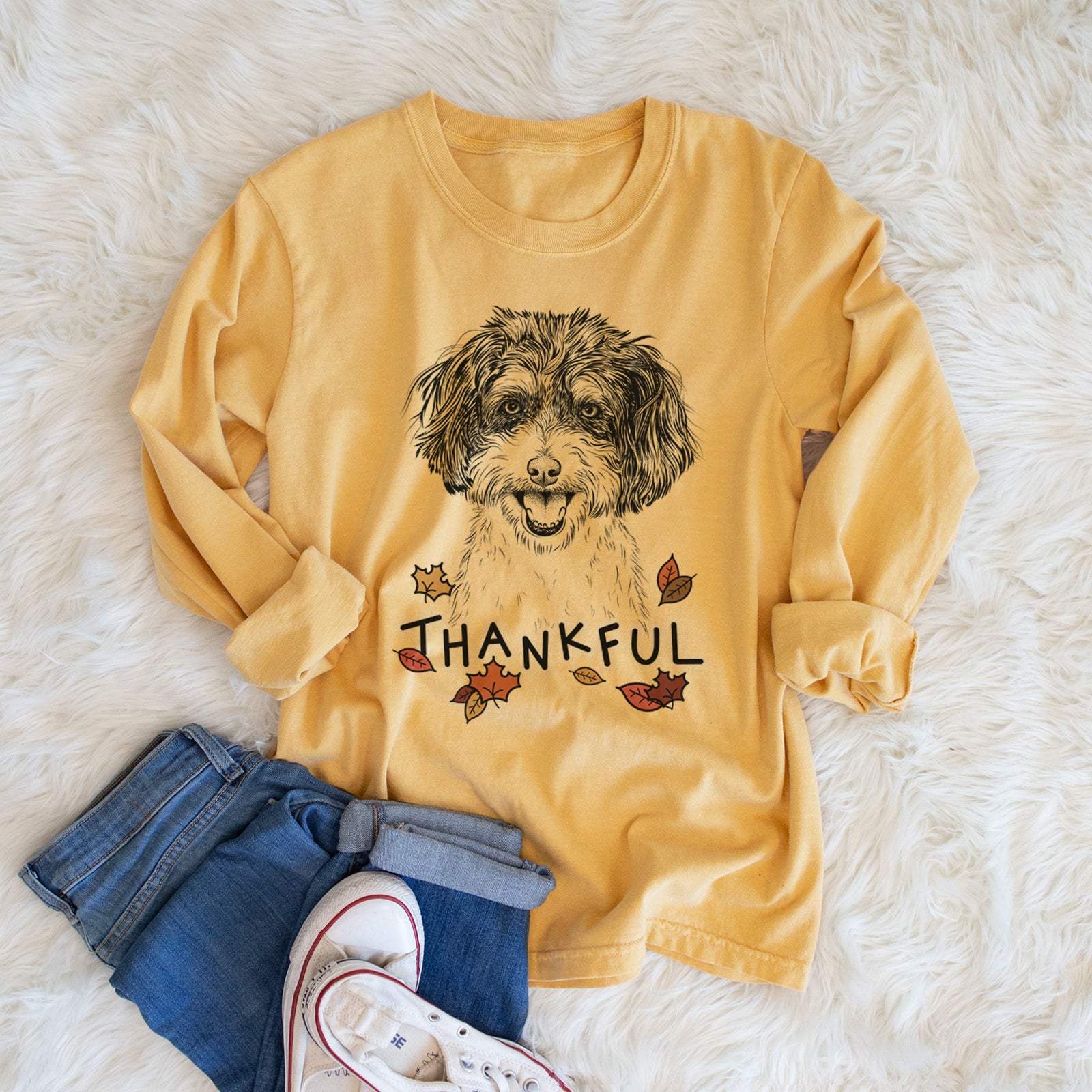 Thankful Carlos the Cavapoo - Men's Heavyweight 100% Cotton Long Sleeve