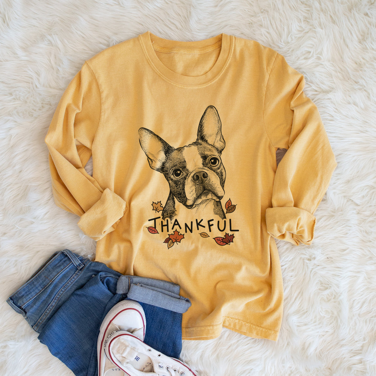 Thankful Dee Dee the Boston Terrier - Men's Heavyweight 100% Cotton Long Sleeve