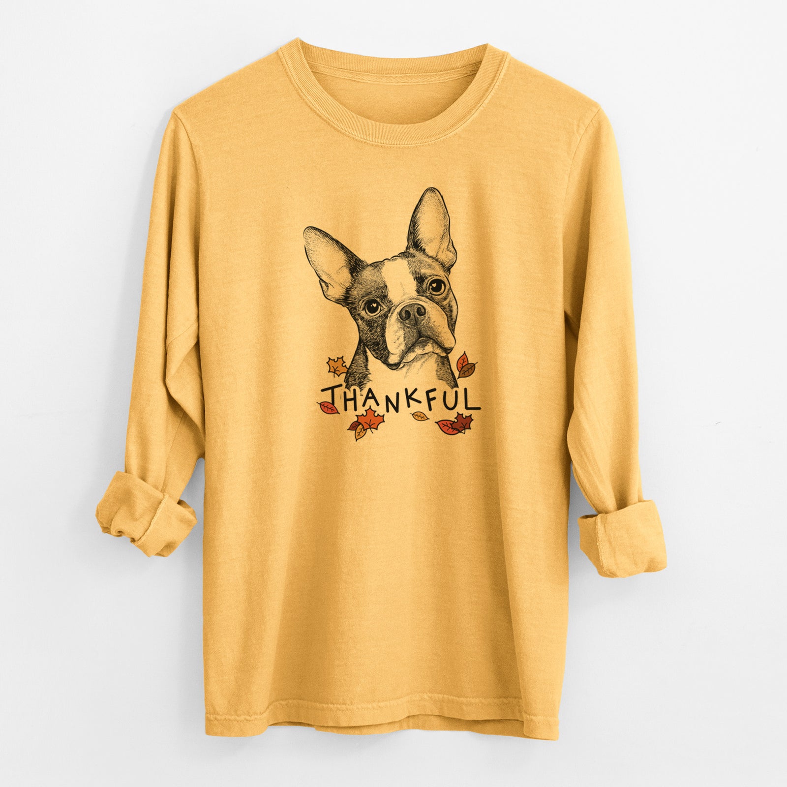 Thankful Dee Dee the Boston Terrier - Men's Heavyweight 100% Cotton Long Sleeve