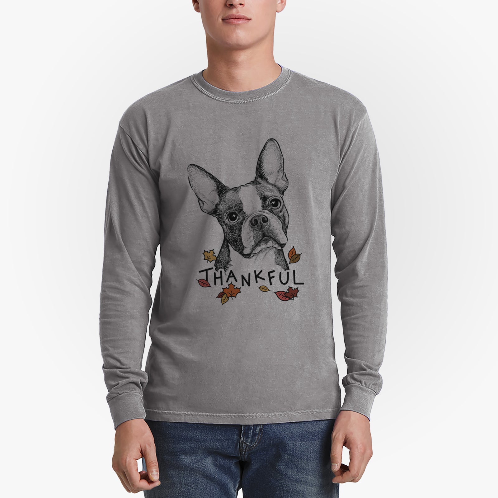 Thankful Dee Dee the Boston Terrier - Men's Heavyweight 100% Cotton Long Sleeve