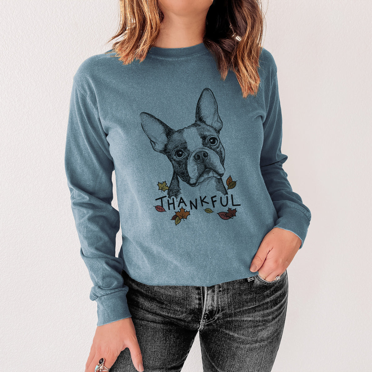Thankful Dee Dee the Boston Terrier - Men's Heavyweight 100% Cotton Long Sleeve