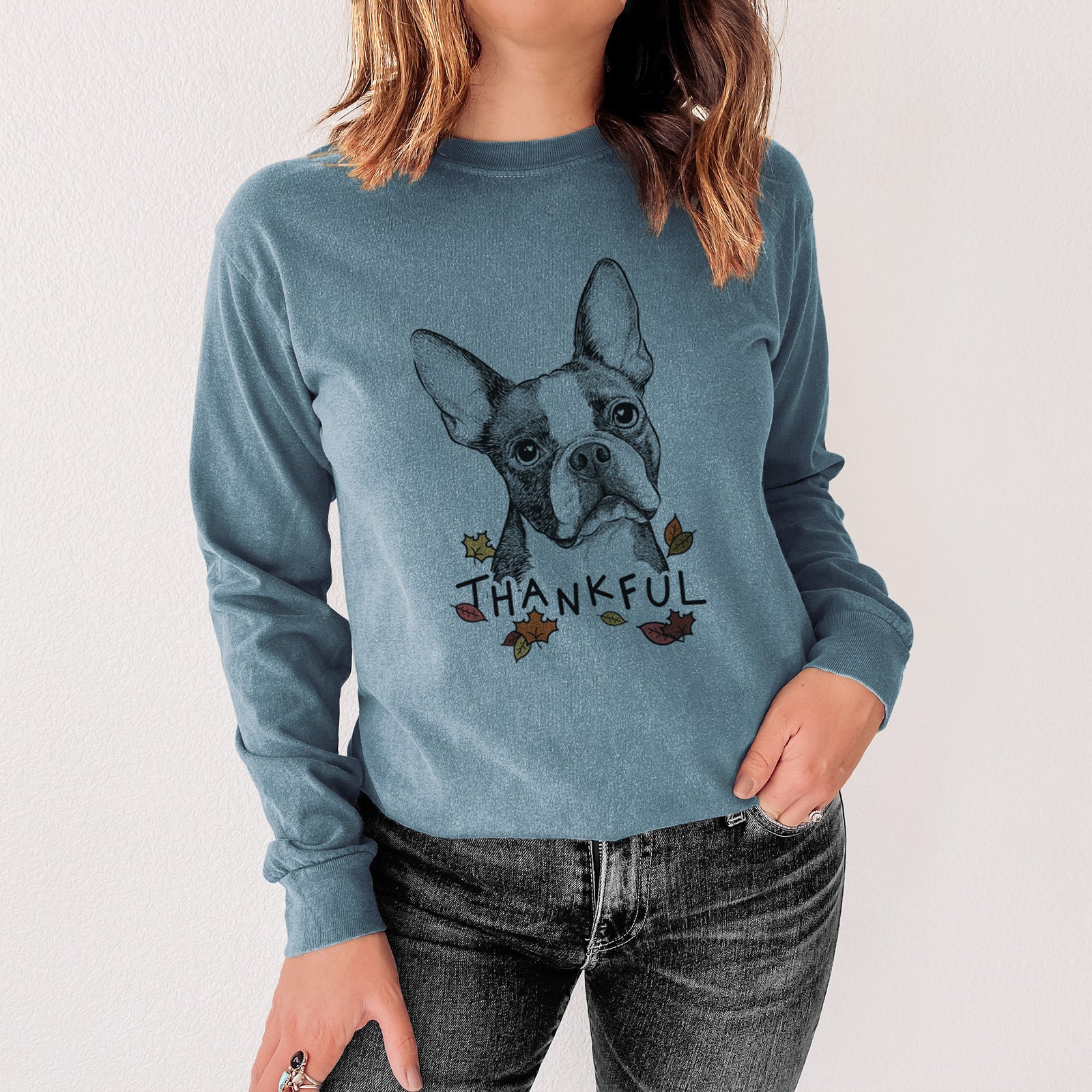 Thankful Dee Dee the Boston Terrier - Men's Heavyweight 100% Cotton Long Sleeve