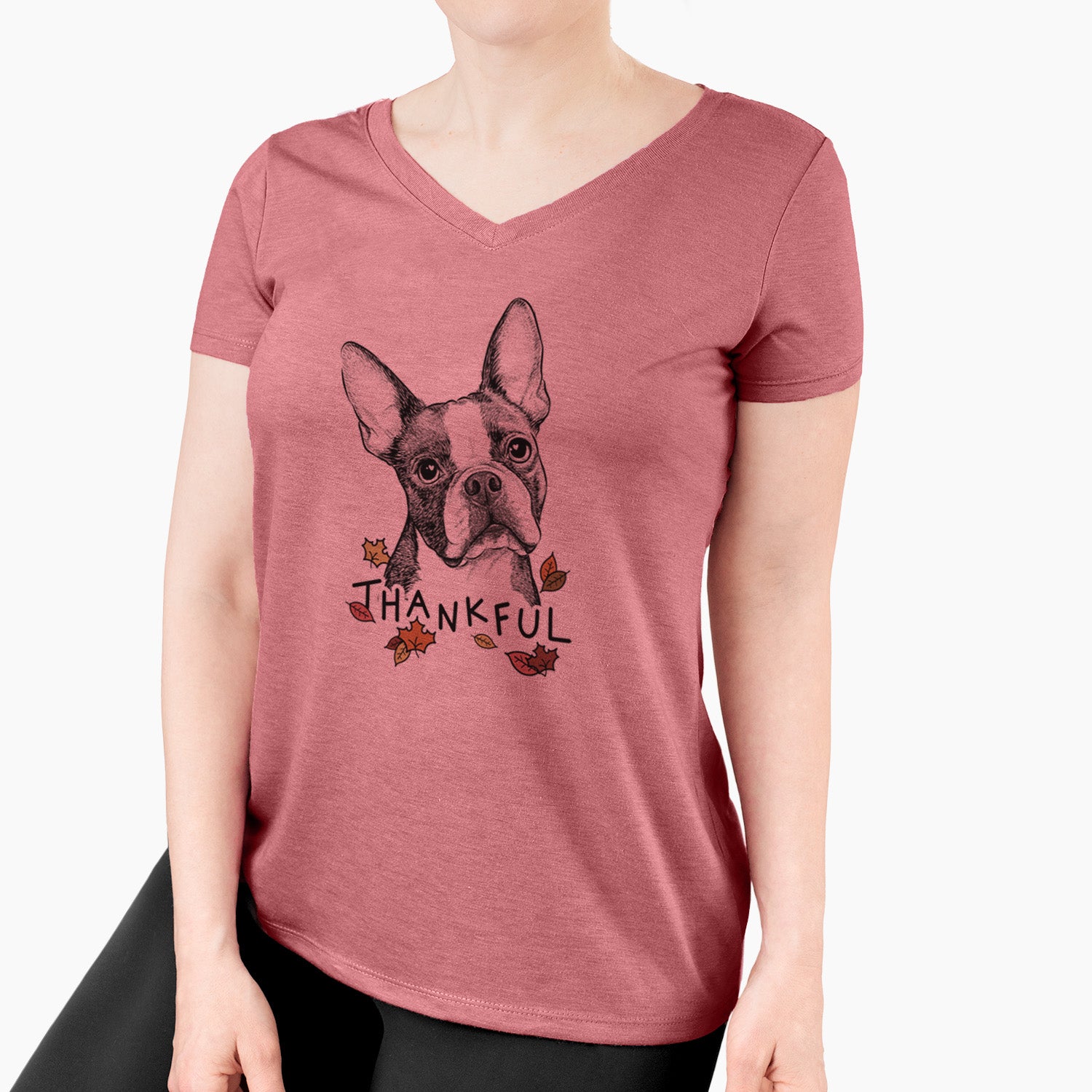 Thankful Dee Dee the Boston Terrier - Women's V-neck Shirt