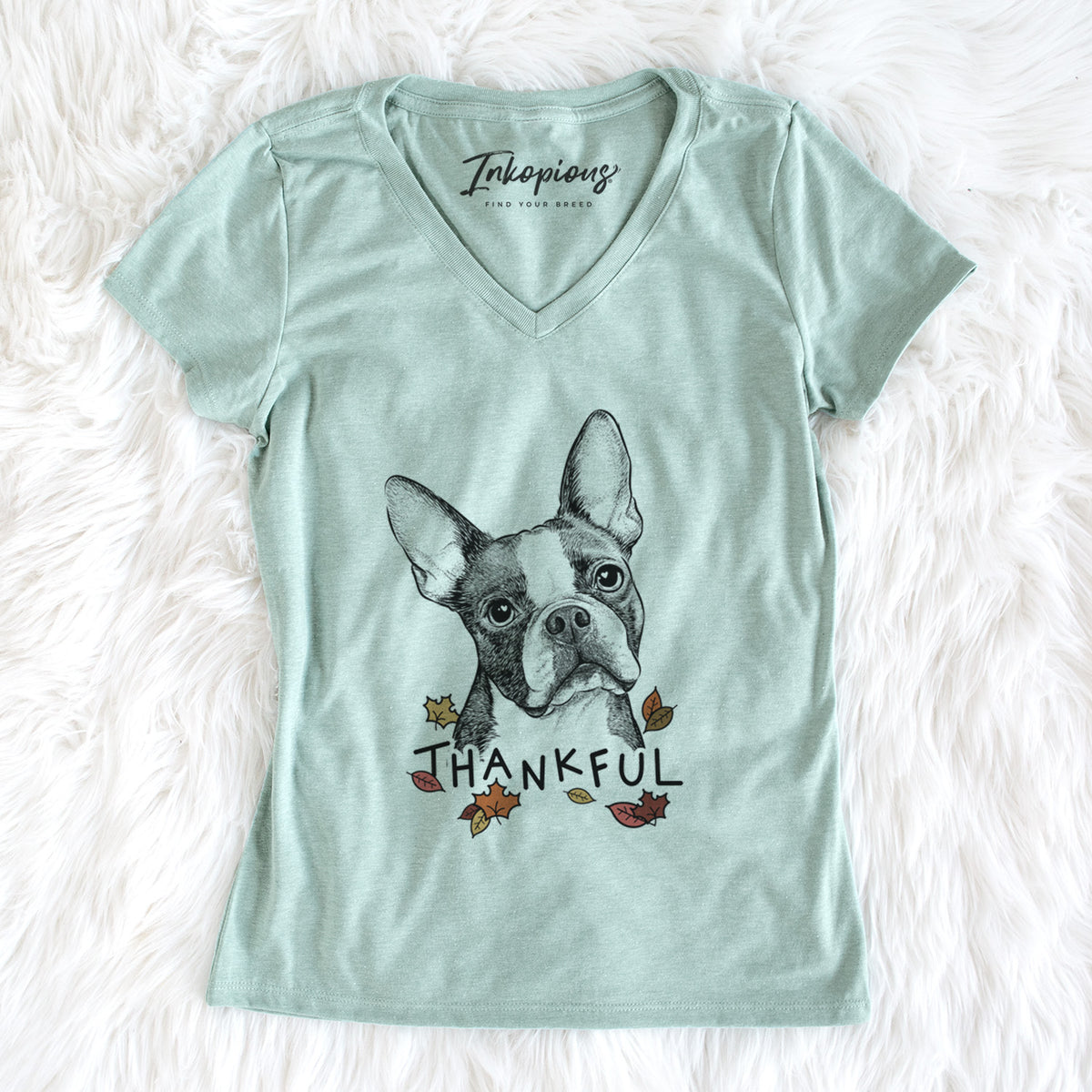 Thankful Dee Dee the Boston Terrier - Women&#39;s V-neck Shirt