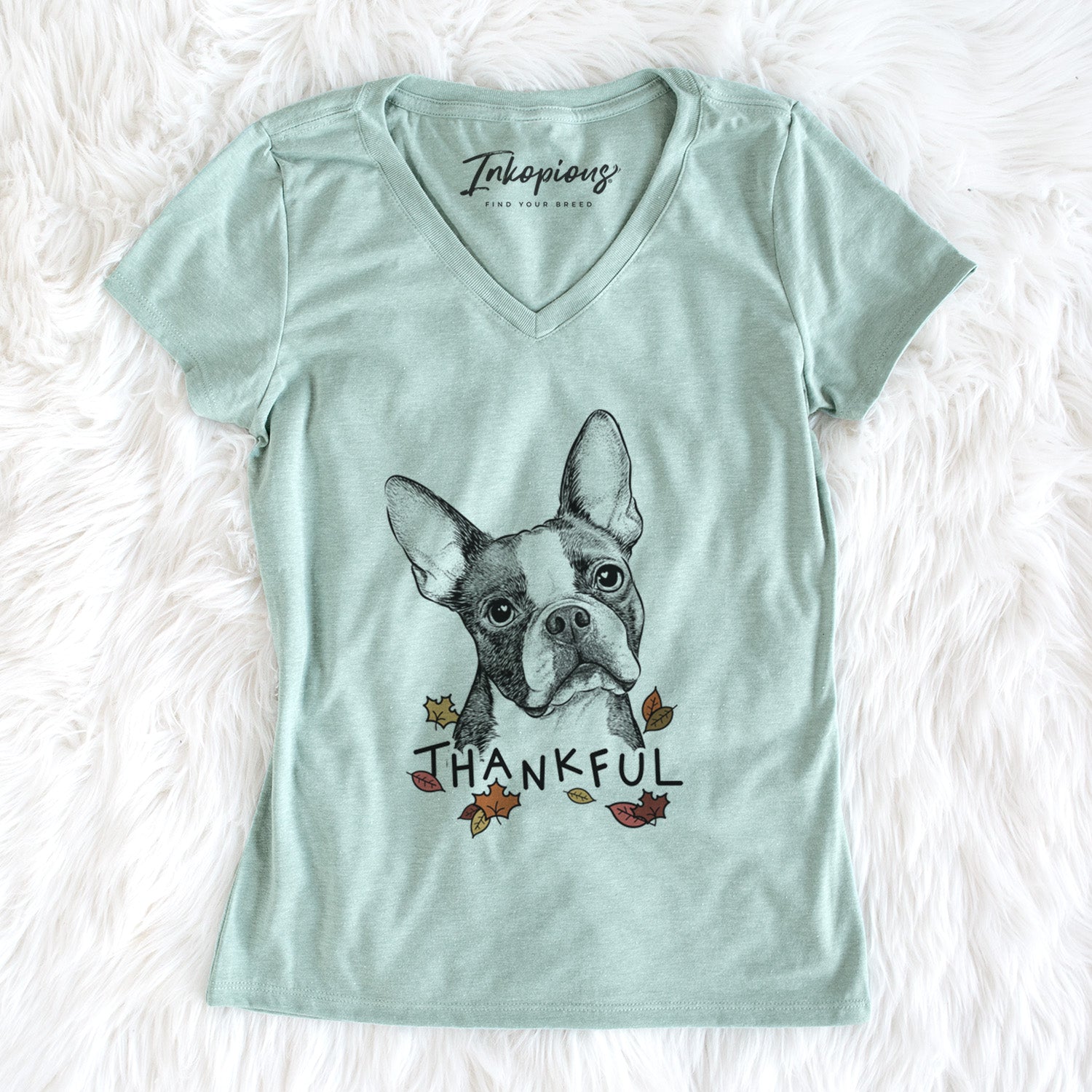 Thankful Dee Dee the Boston Terrier - Women's V-neck Shirt