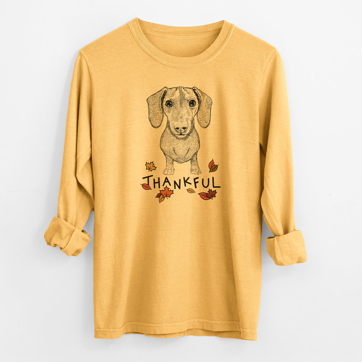 Thankful Ernie the Mini Dachshund - Men's Heavyweight 100% Cotton Long Sleeve
