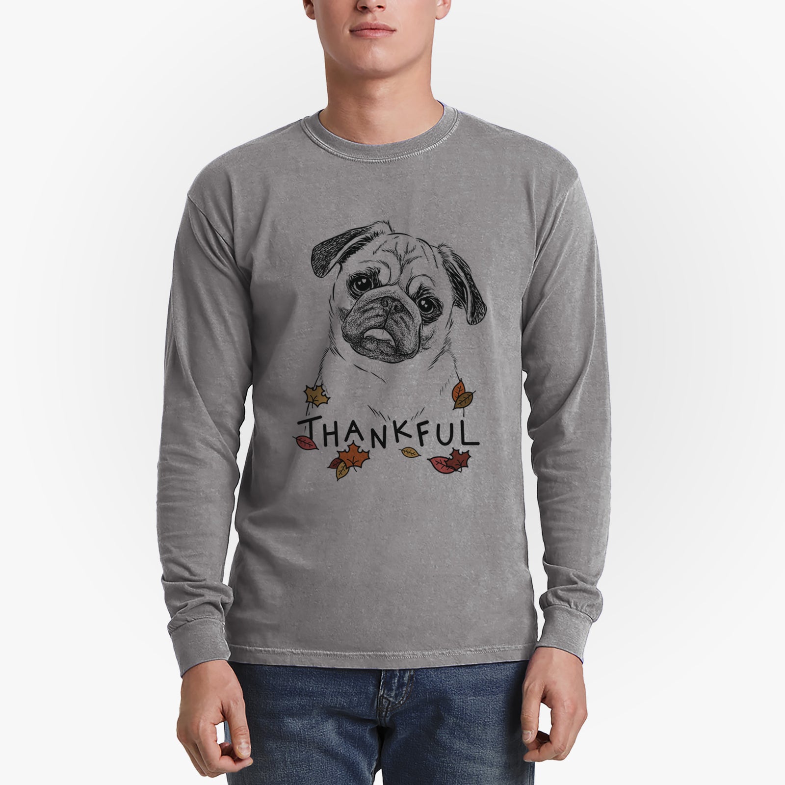 Thankful Macy the Pug - Men's Heavyweight 100% Cotton Long Sleeve
