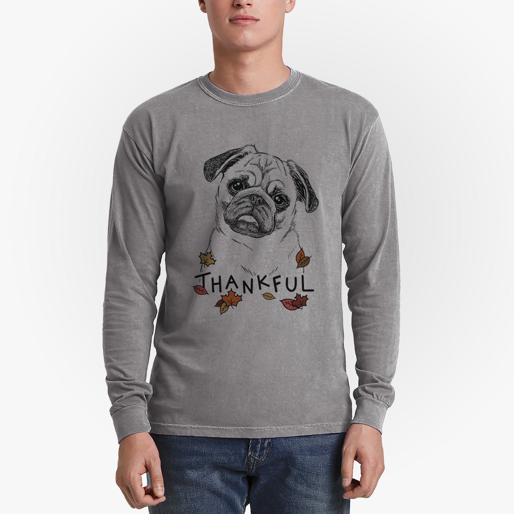 Thankful Macy the Pug - Men's Heavyweight 100% Cotton Long Sleeve
