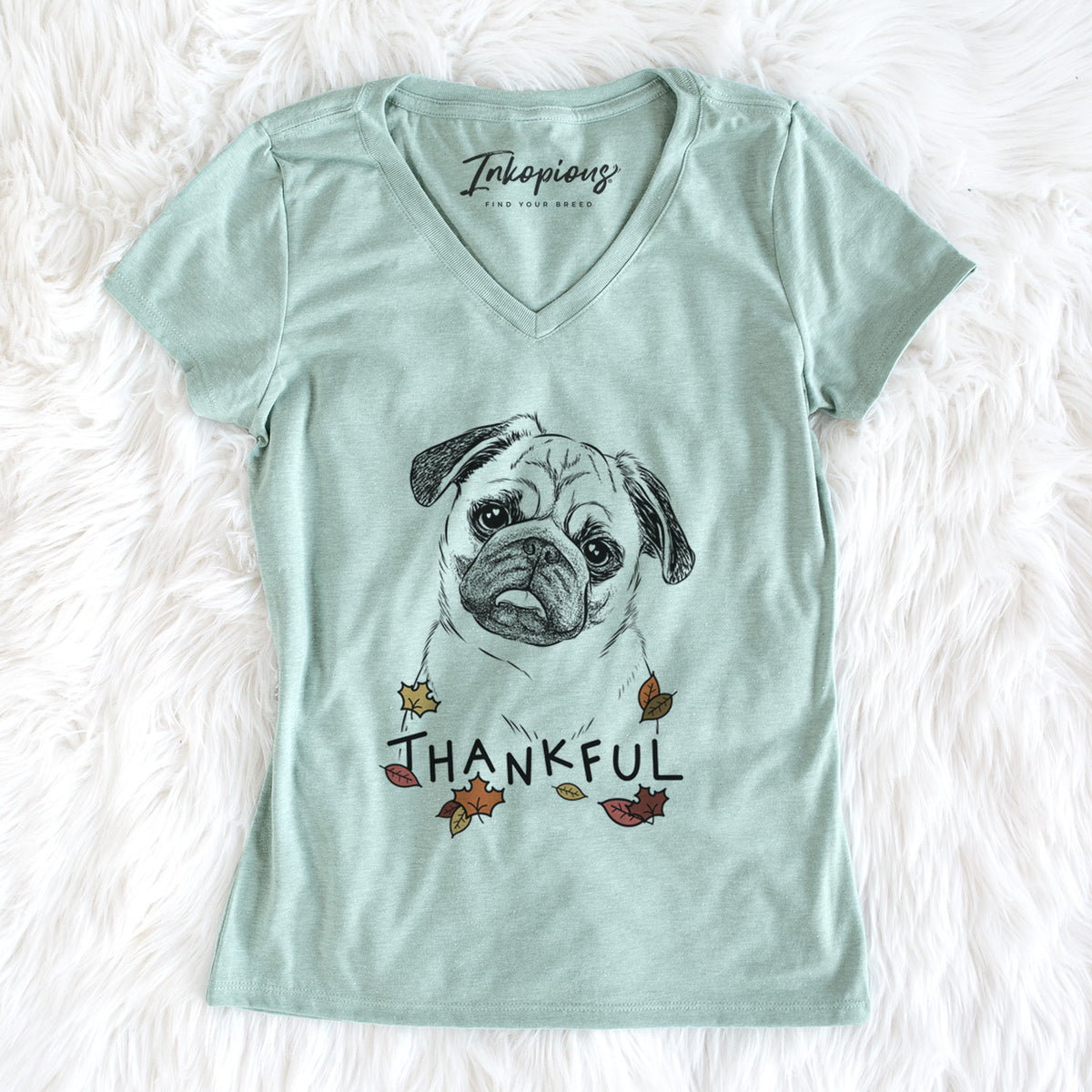 Thankful Macy the Pug - Women&#39;s V-neck Shirt