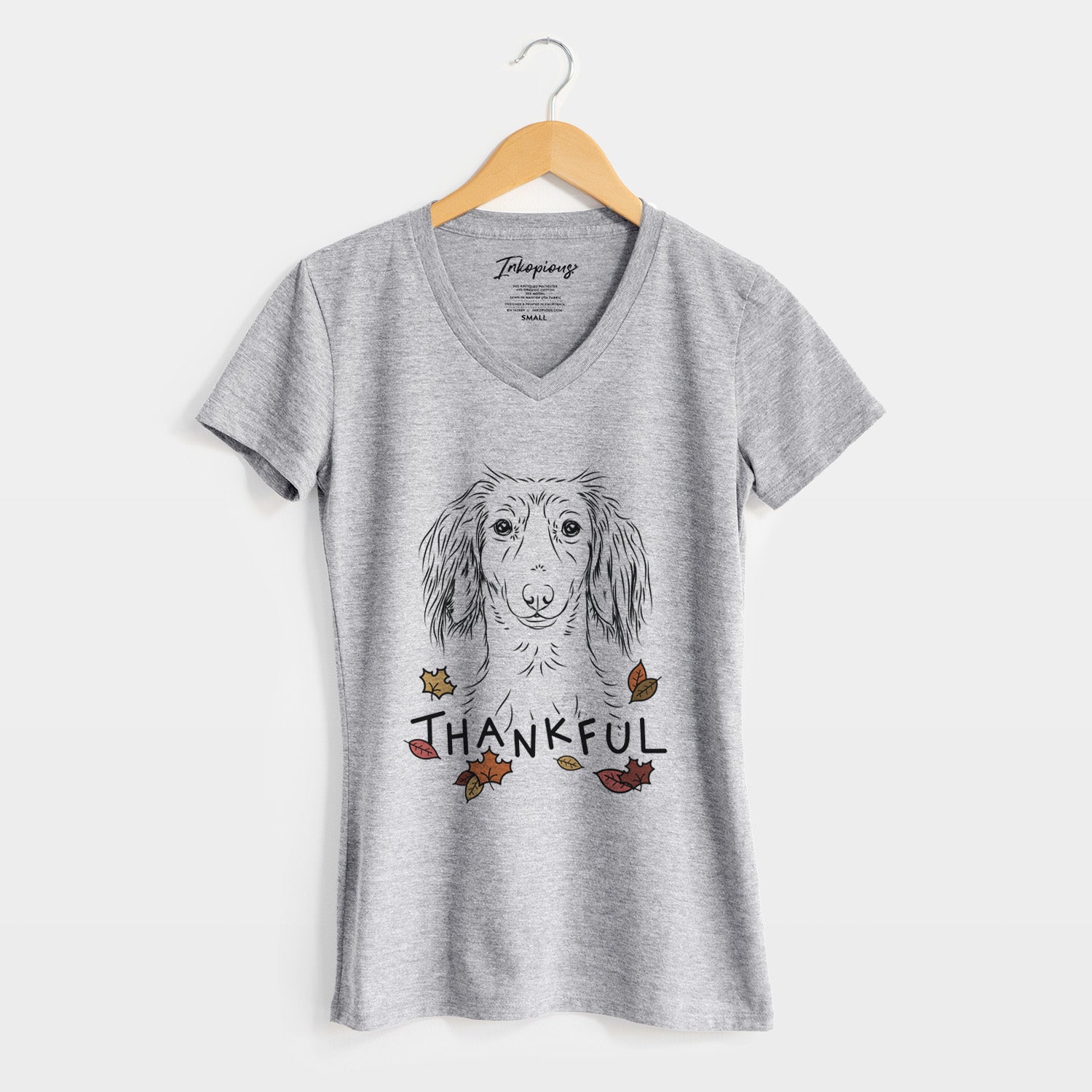 Thankful Roux the Long Haired Dachshund - Women's V-neck Shirt