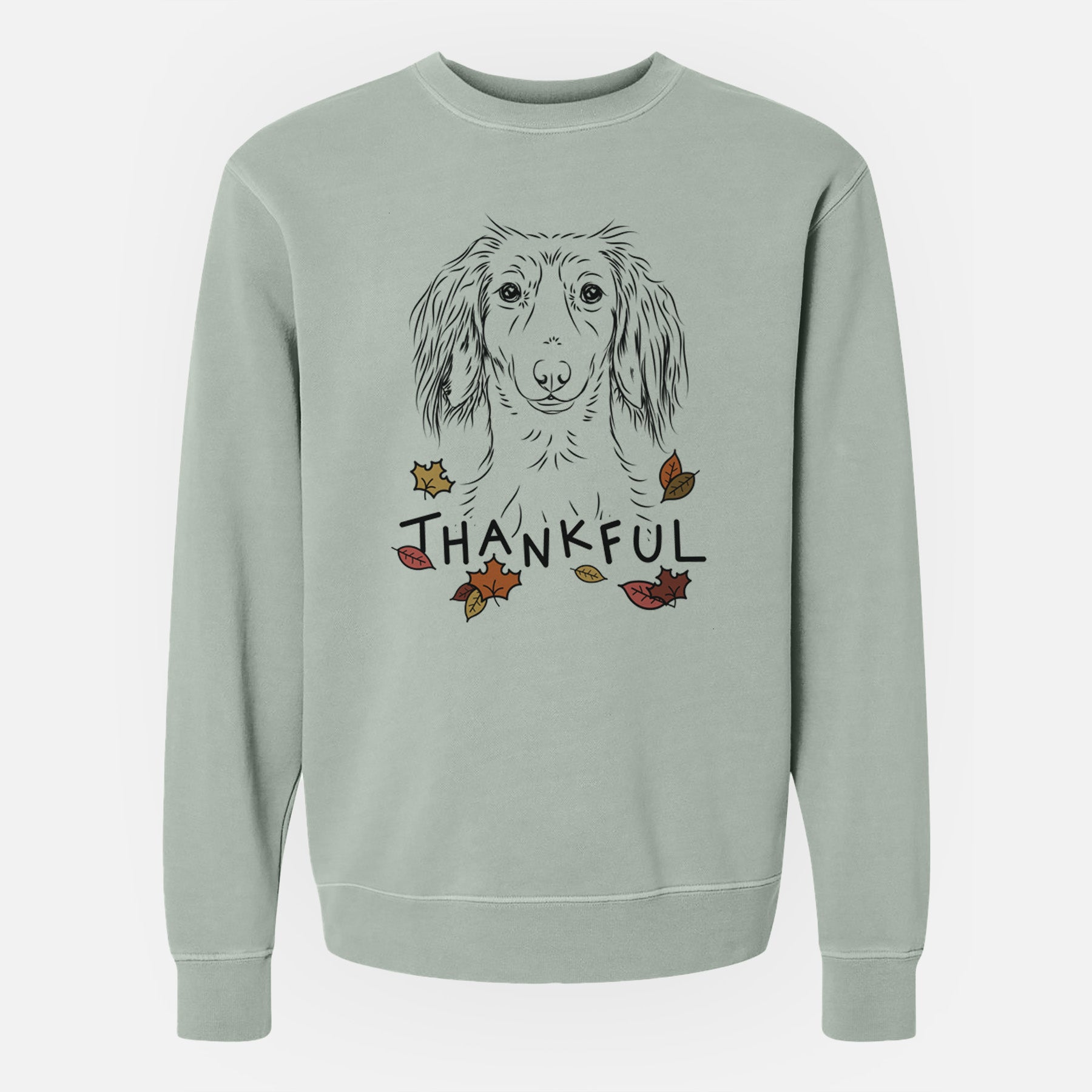 Thankful Roux the Long Haired Dachshund - Unisex Pigment Dyed Crew Sweatshirt